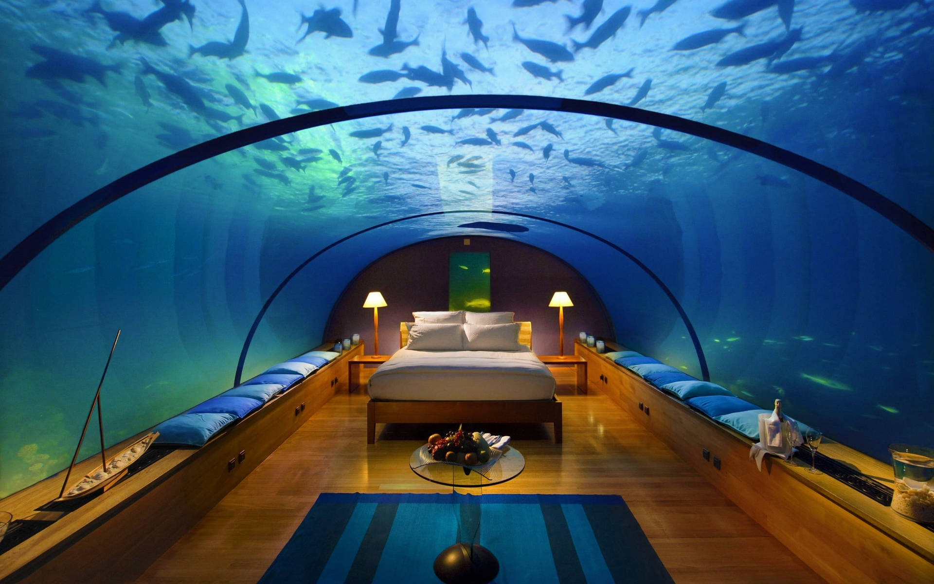 Dormitoriode Hotel Con Acuario Submarino. Fondo de pantalla