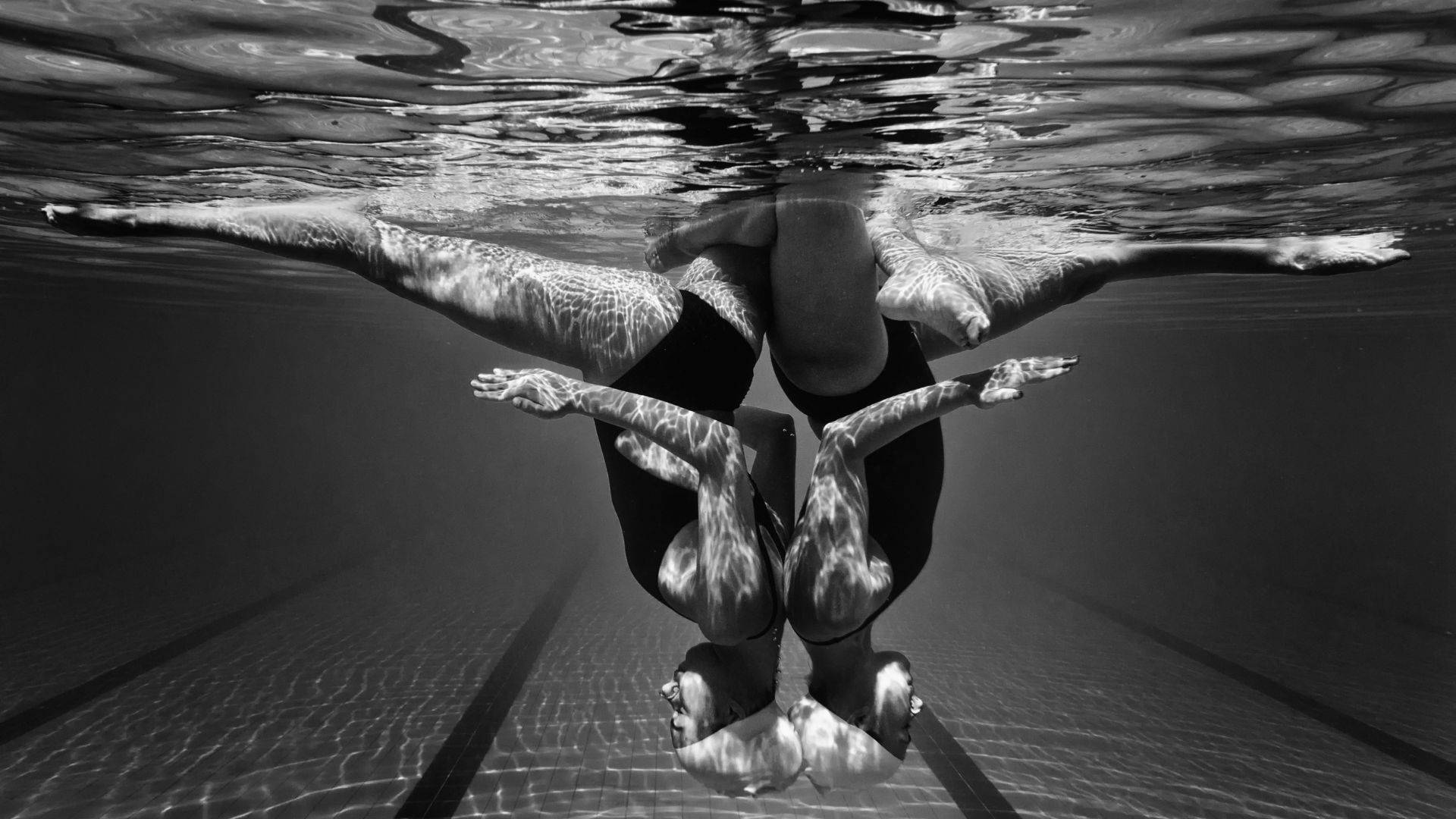 Underwater Black And White Artistic Swimmers Wallpaper