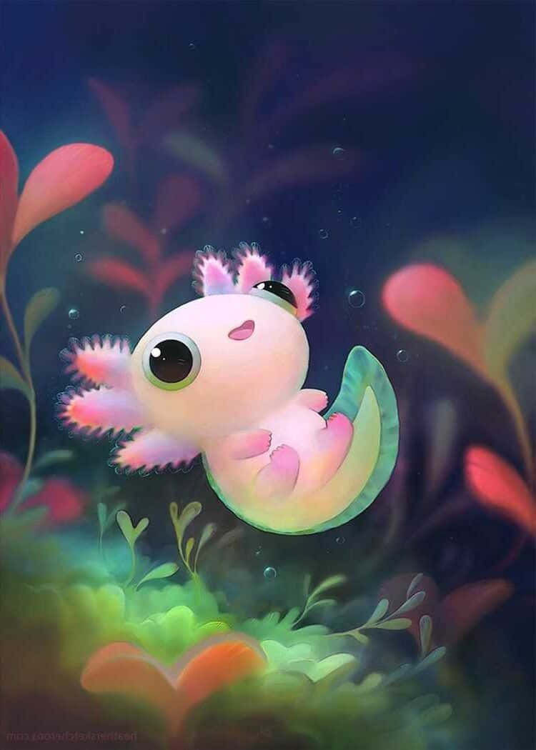 Underwater Cute Axolotl Chibi Art Wallpaper