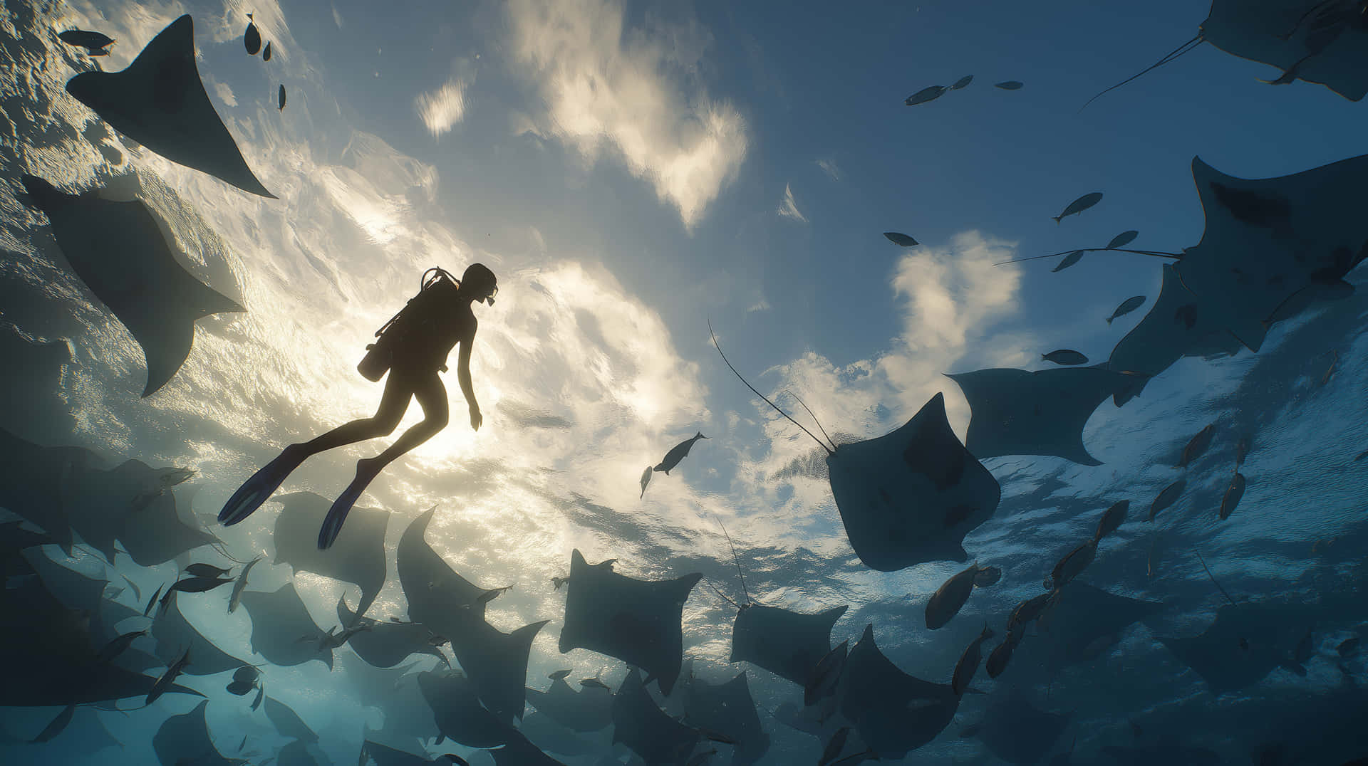 Underwater Diver With Majestic Manta Rays In Ocean Wallpaper