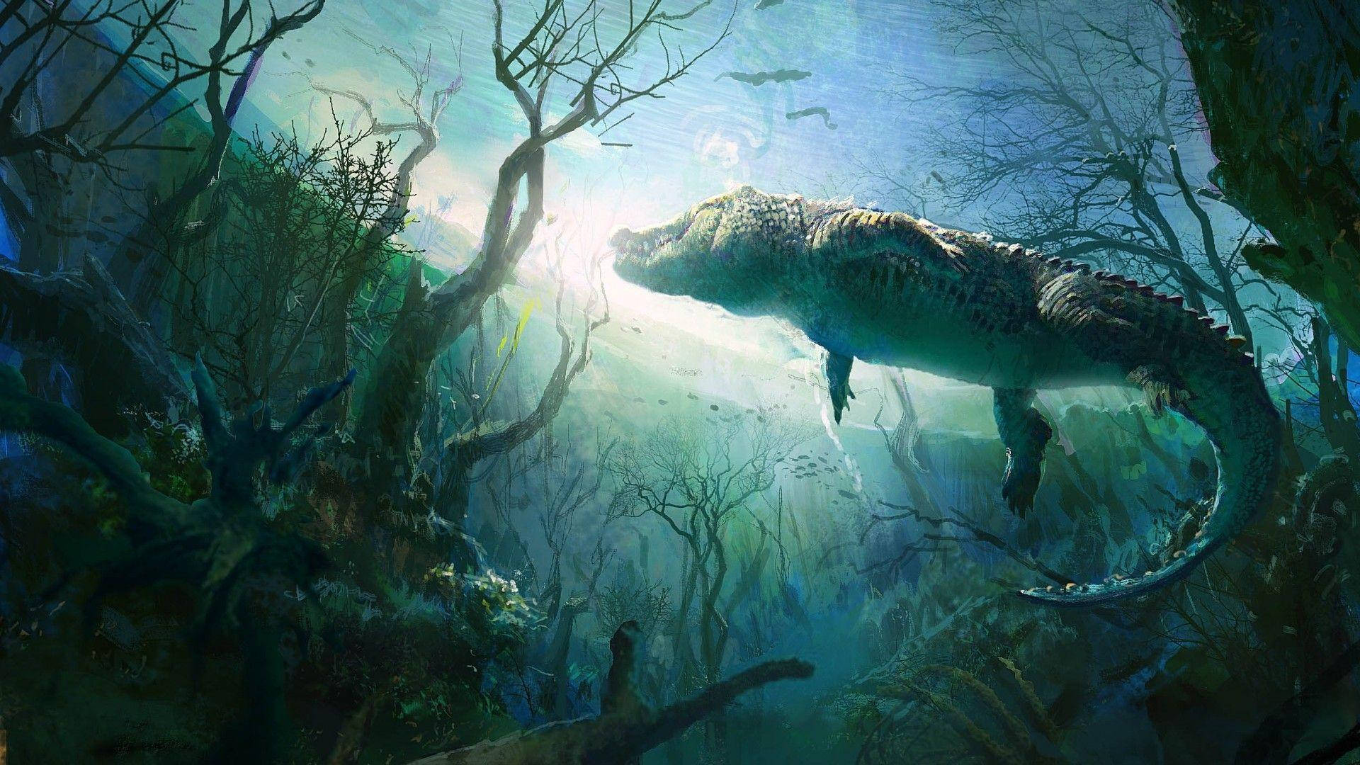 Underwater Fantasy Alligator Art Wallpaper