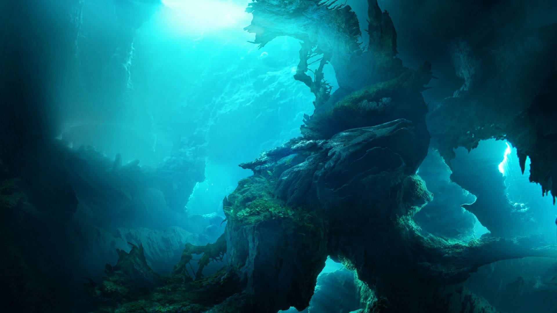 Mystical Underwater Cave Exploration Wallpaper