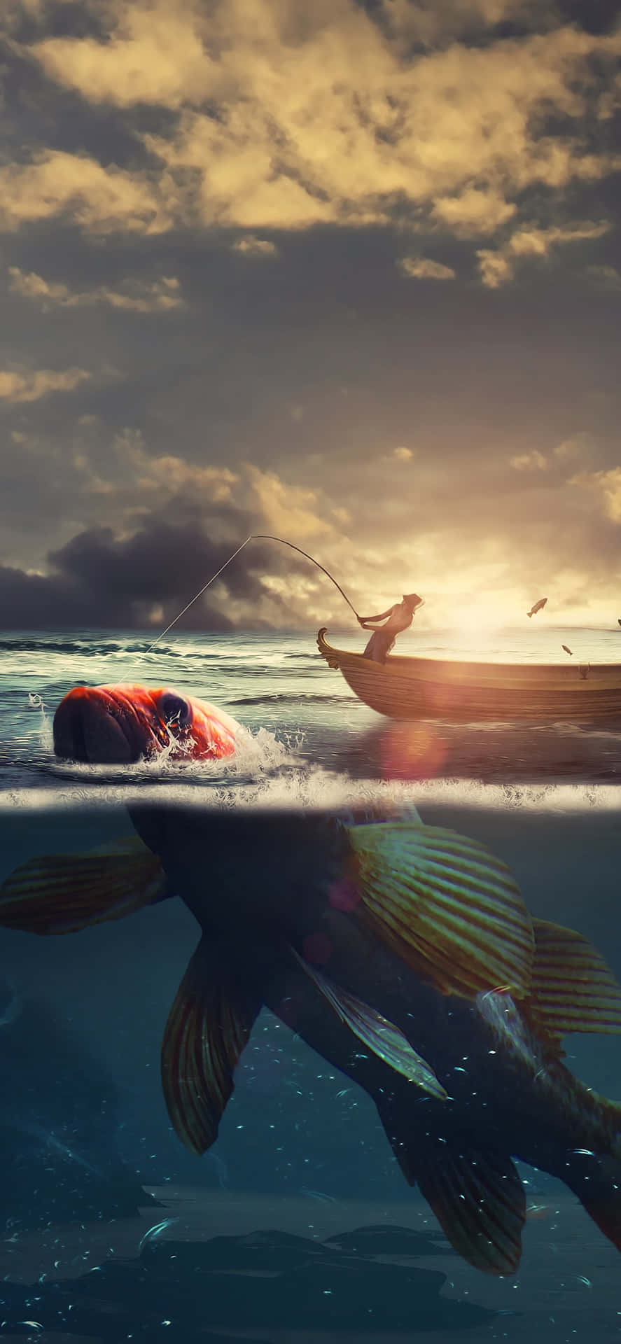 floating in the background - En fisk svømmer i vandet med en båd, der svæver i baggrunden Wallpaper
