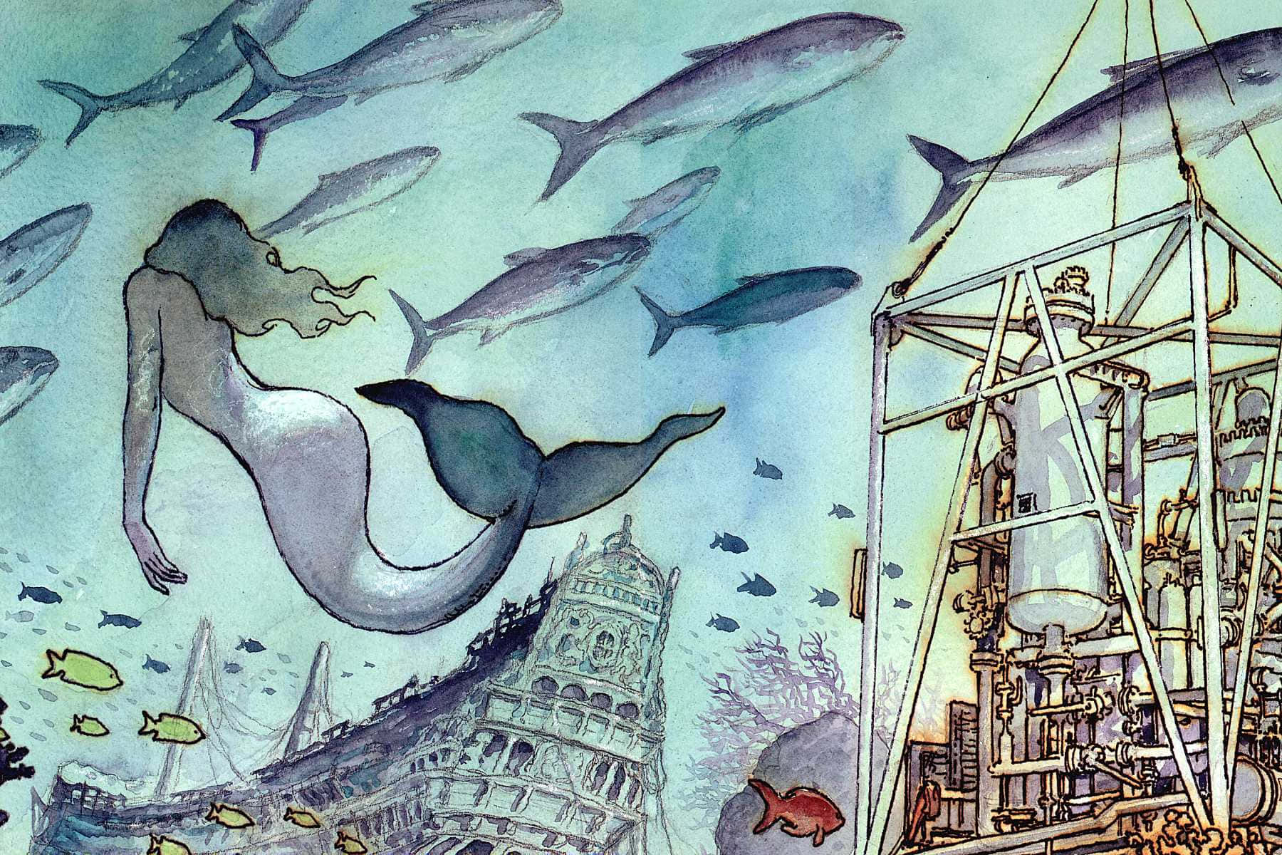 Underwater_ Mermaid_and_ Industrial_ Structures Wallpaper