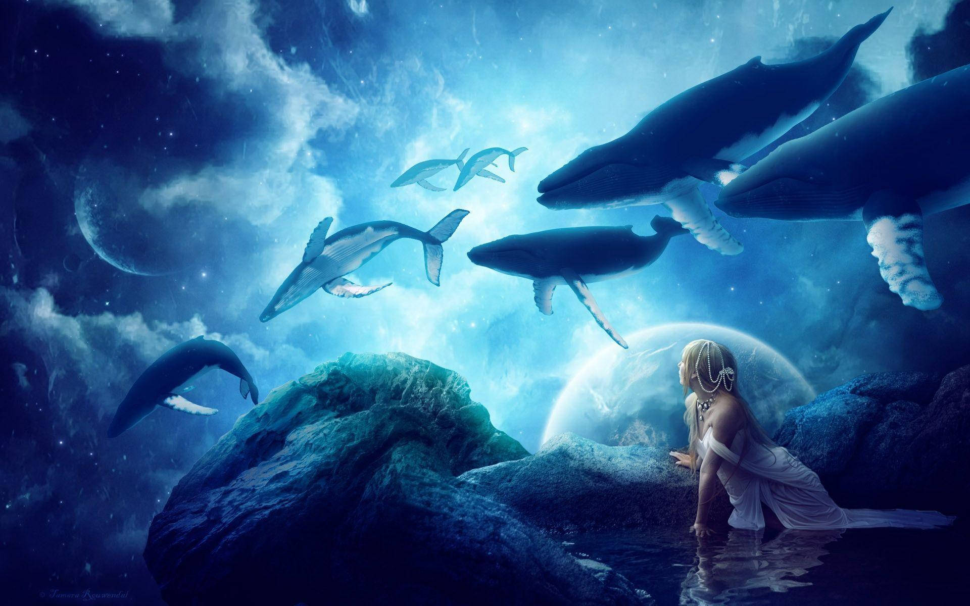 Underwater World With Whales And Mermaid Wallpaper