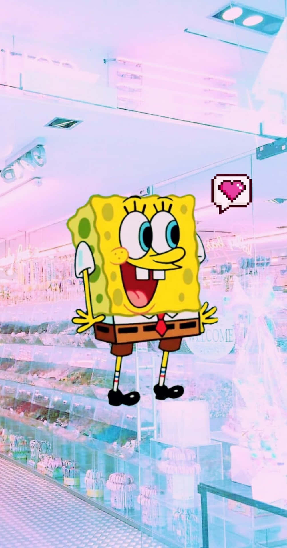 Unexpectedly Fun Wallpaper — SpongeBob SquarePants smiles joyfully in a pastel pink and blue store with floating shelves and a pixel heart.