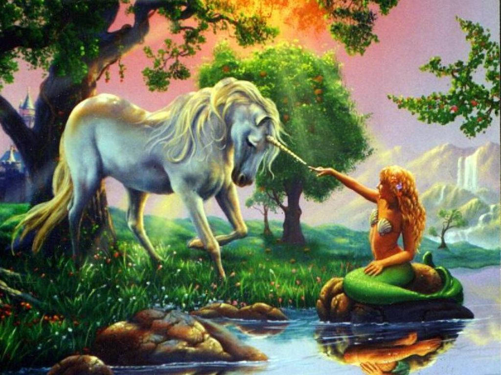 Two magical creatures of legend, the mermaid and unicorn, unite in the enchanted forest. Wallpaper