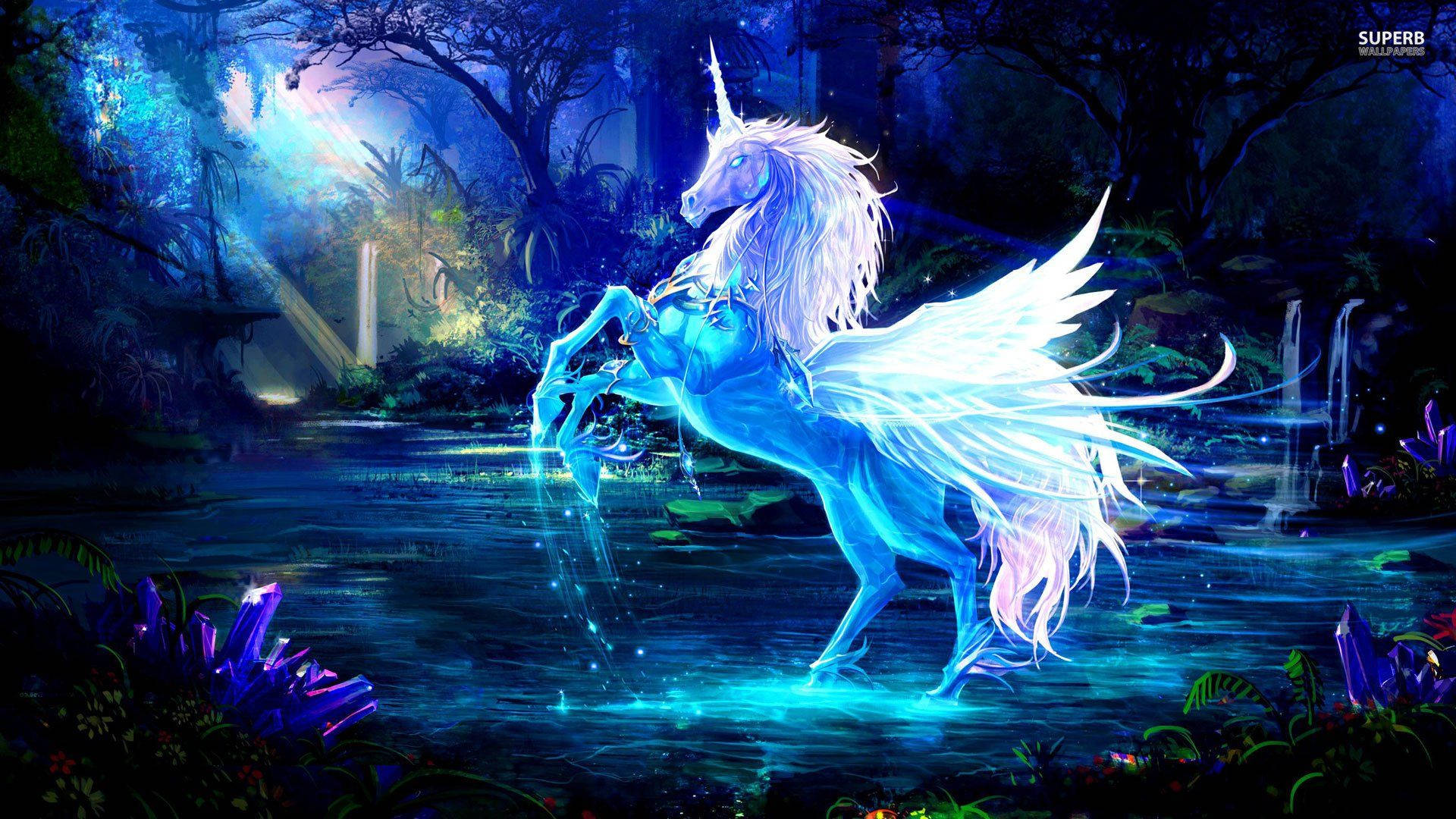 Image  A mythical, rainbow-colored Unicorn looks ahead with a determined expression Wallpaper