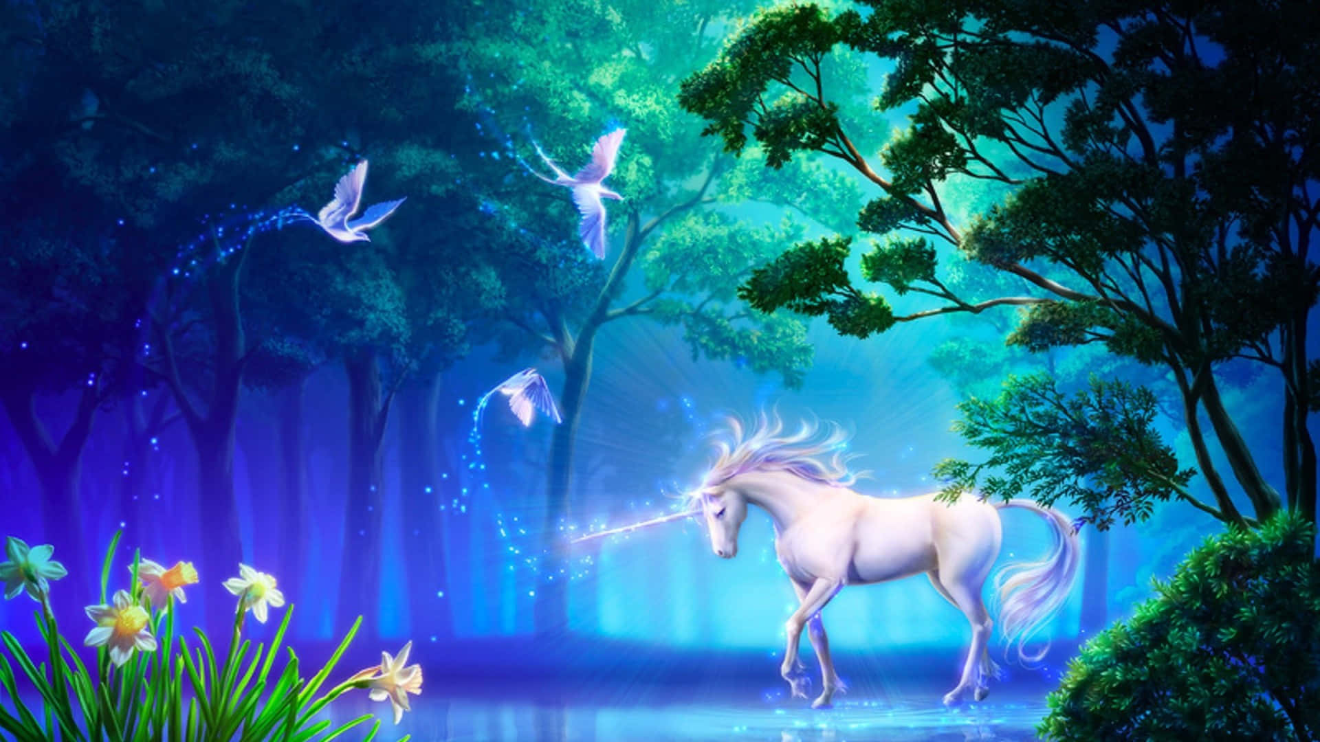 Magical Unicorn With Fairies Background