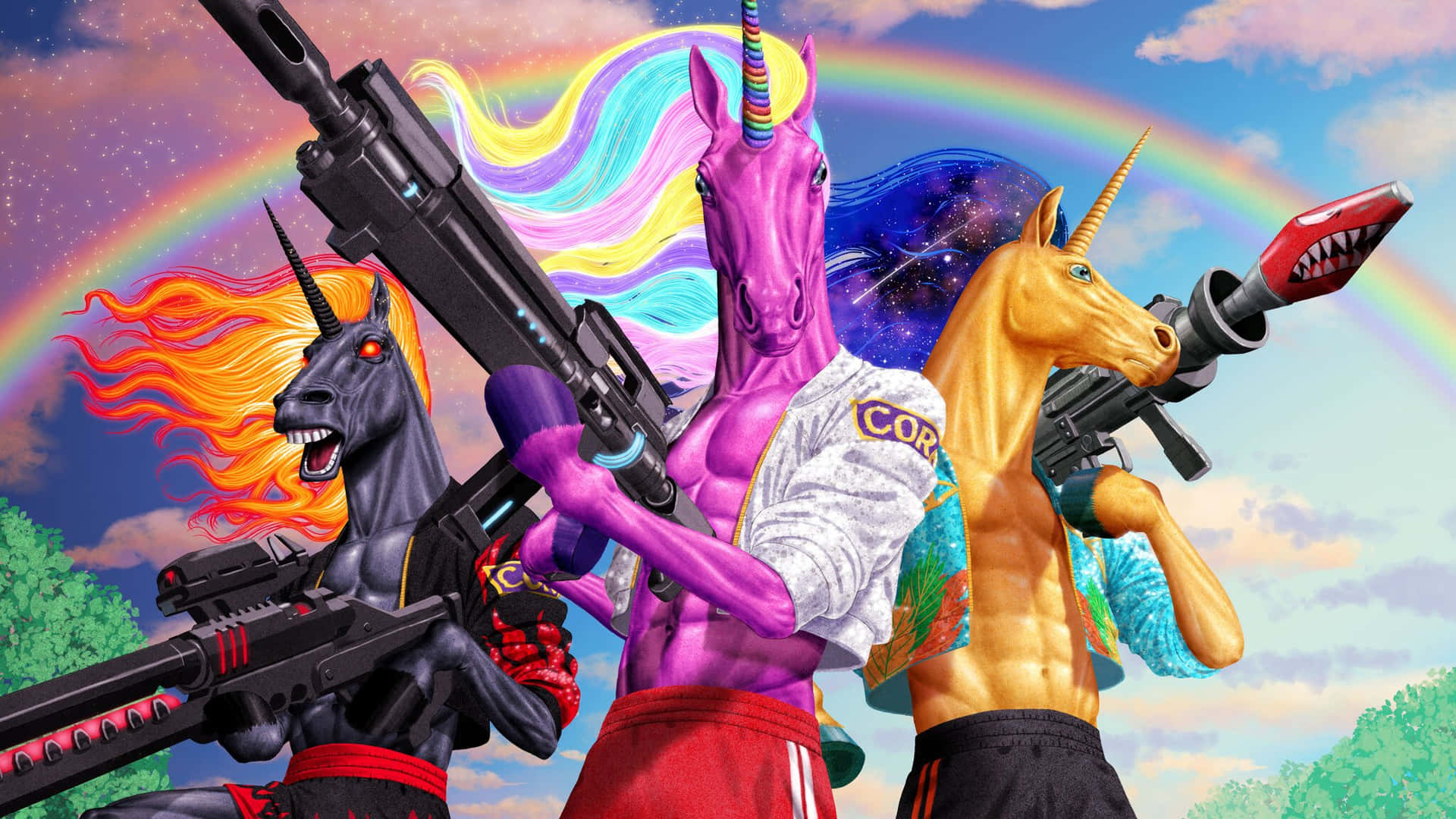 En gruppe af enhjørninger med maskingeværer og et regnbuefarvet baggrund