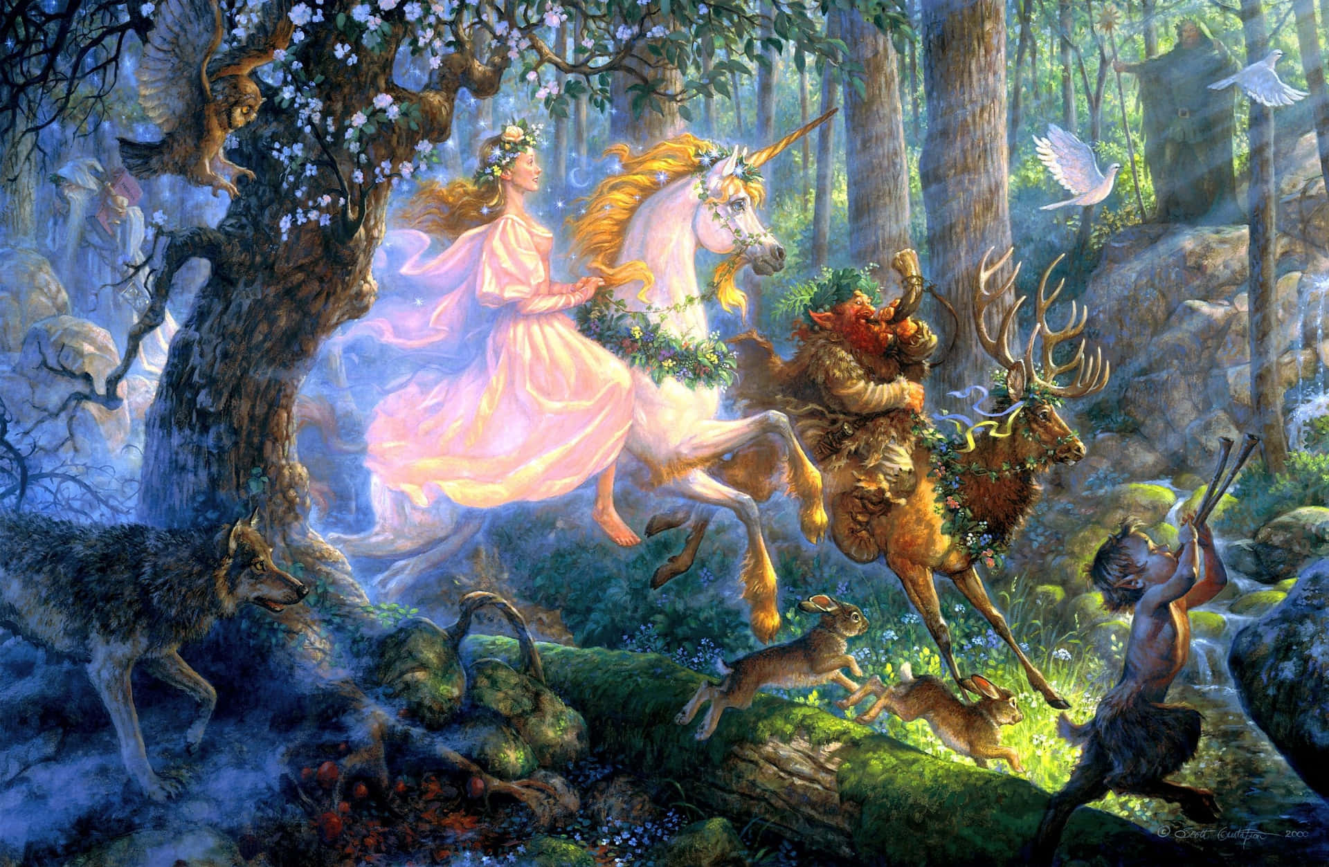 A Painting Of A Unicorn Riding Through The Forest