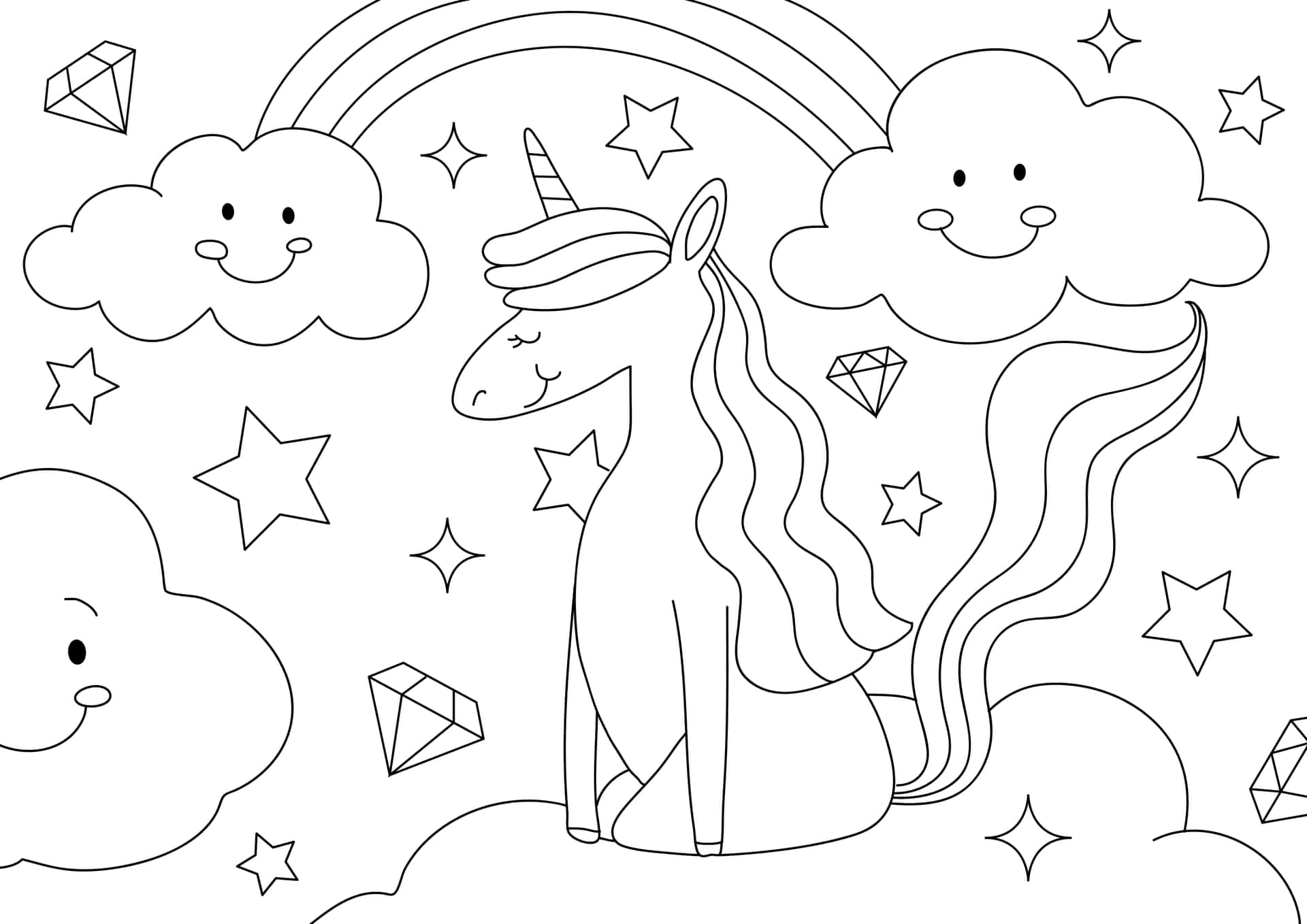 Clouds And Unicorn Coloring Picture