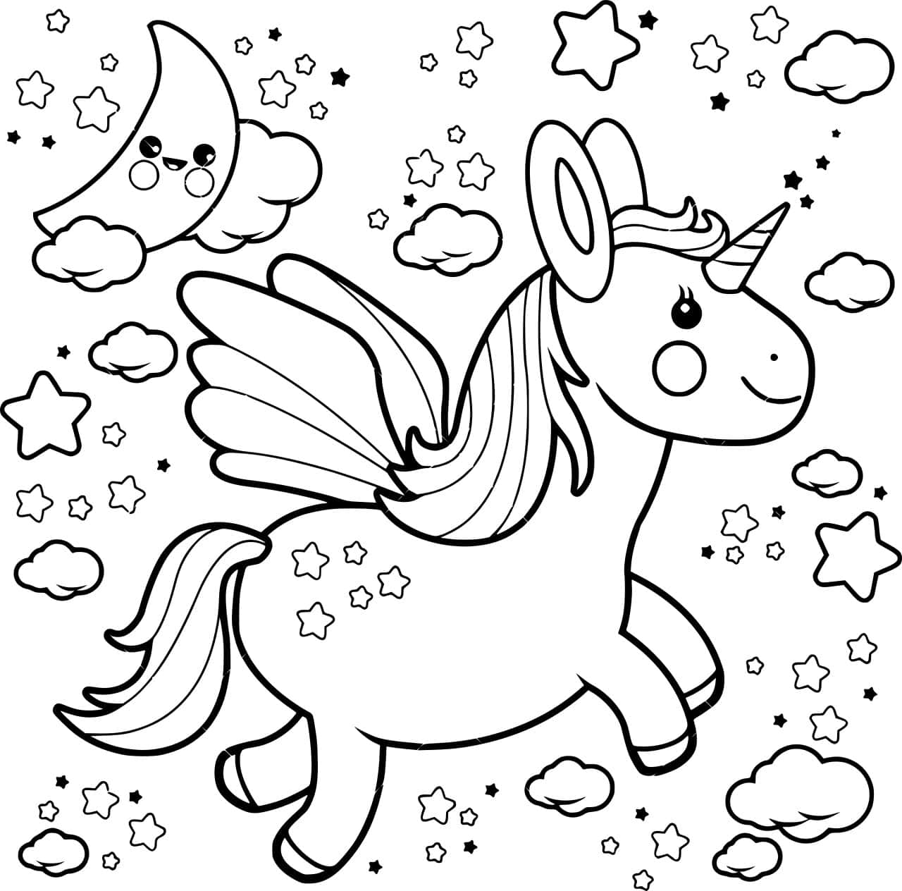 Moon And Unicorn Coloring Picture