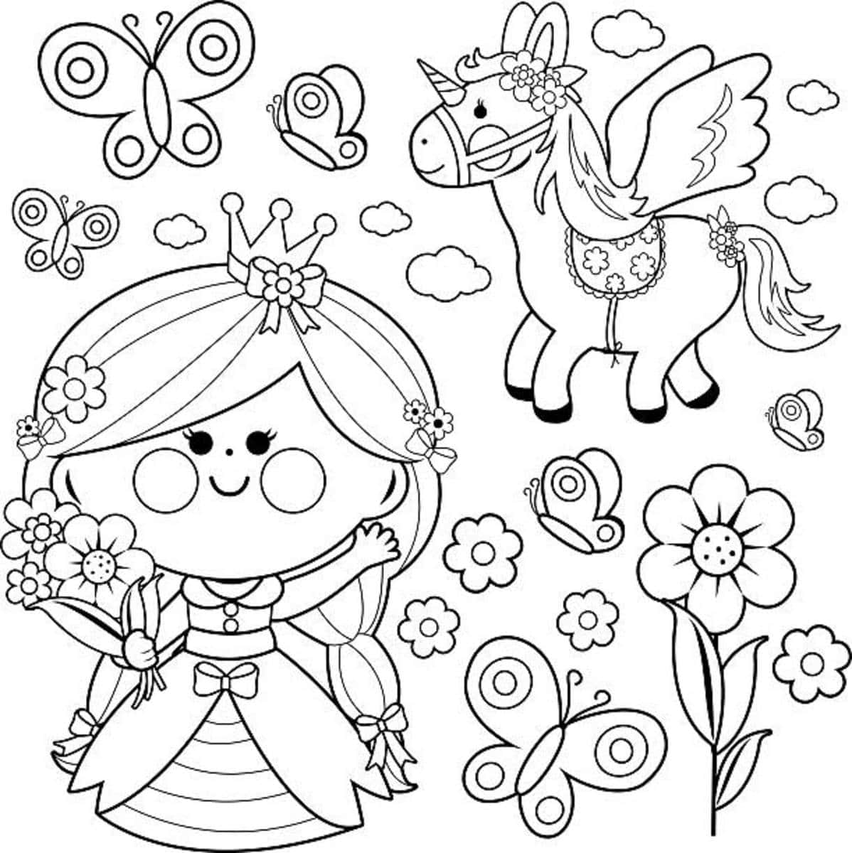Princess And Unicorn Coloring Picture