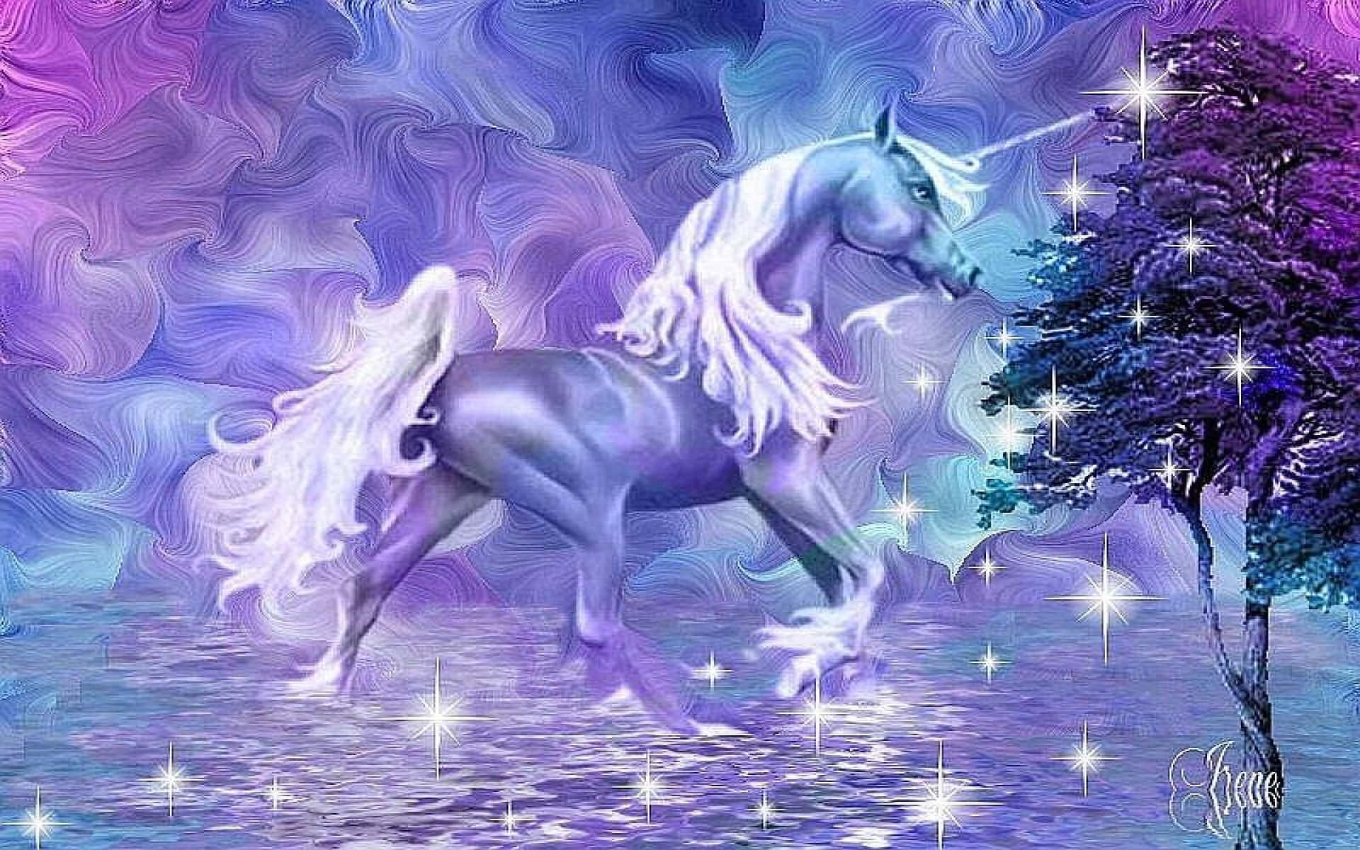 A Unicorn Is Walking In The Water With Stars Wallpaper