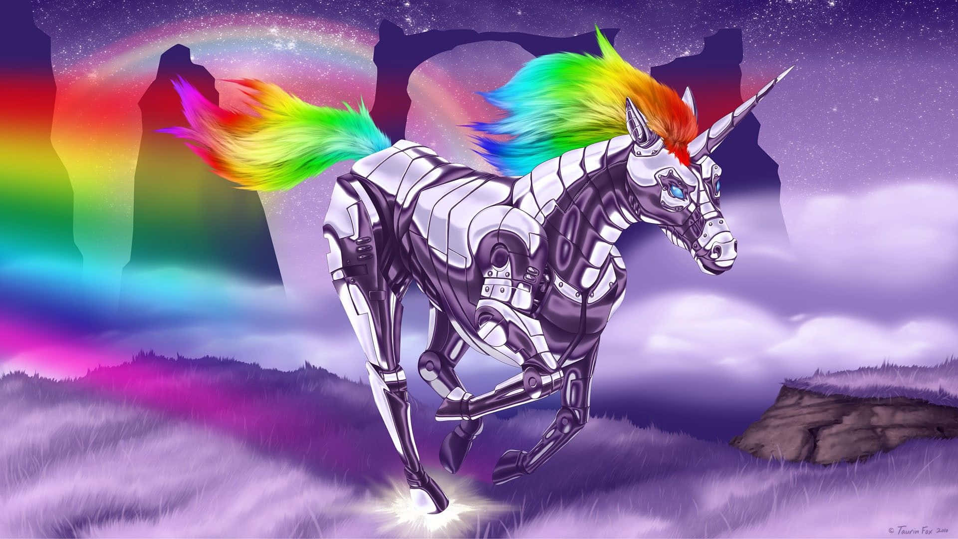 A Unicorn With Rainbow Hair And A Rainbow Sky Wallpaper