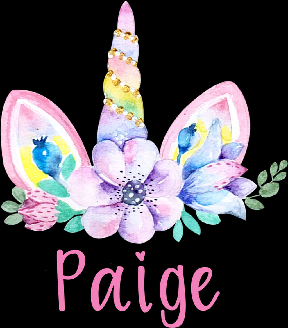 Unicorn Floral Headband Personalizedwith Name Paige PNG