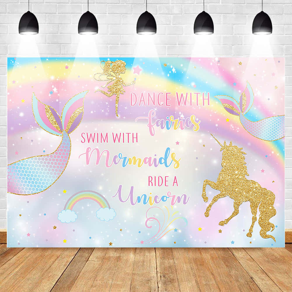 A Unicorn Birthday Party Backdrop With A Mermaid And A Unicorn
