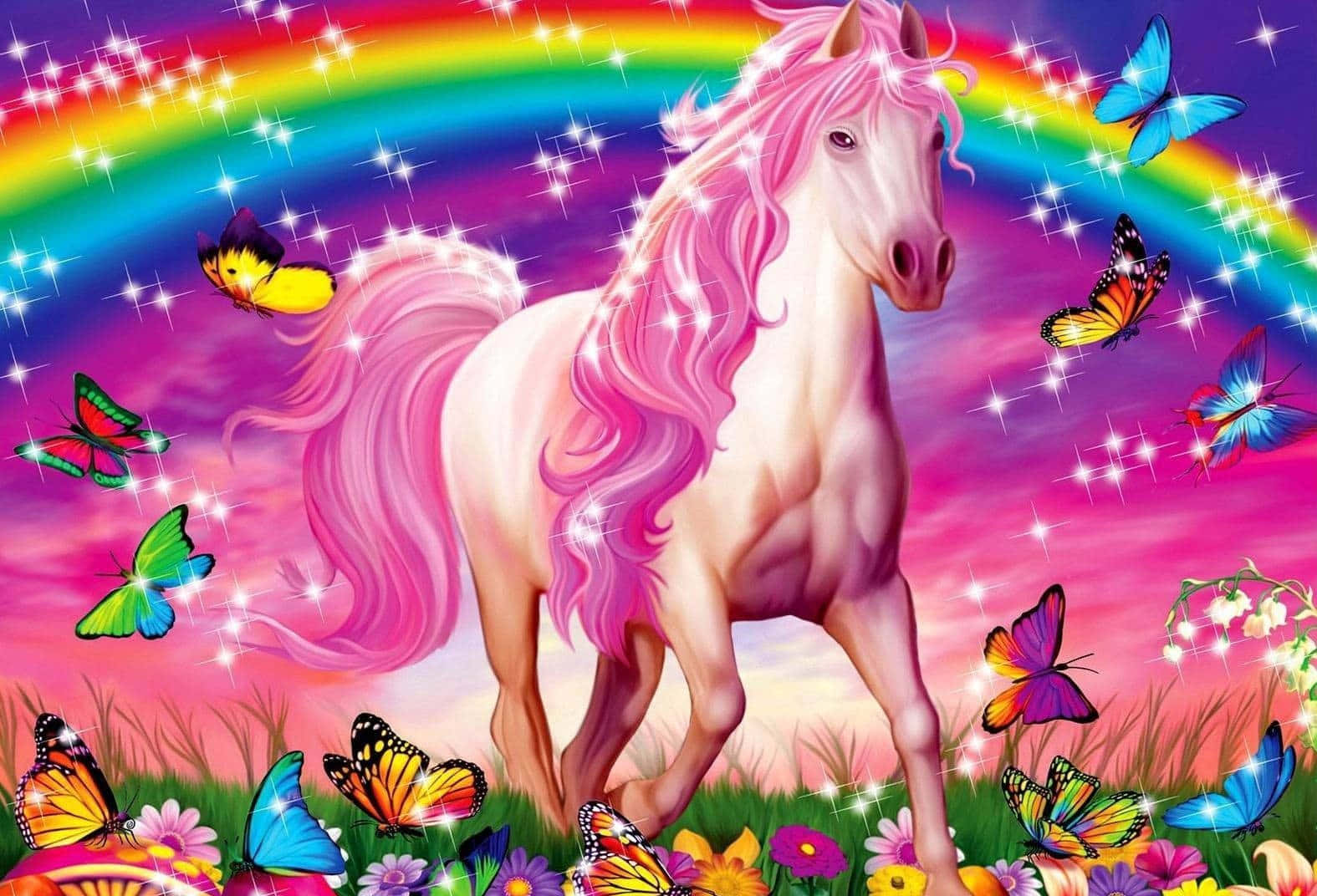 A magical unicorn galloping along a pristine rainbow path