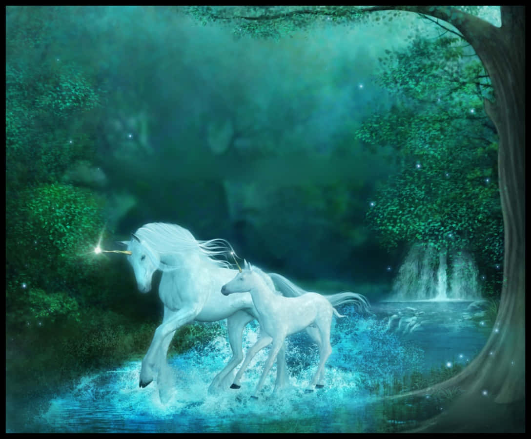 Two Magical Unicorns Frolicking in a Forest