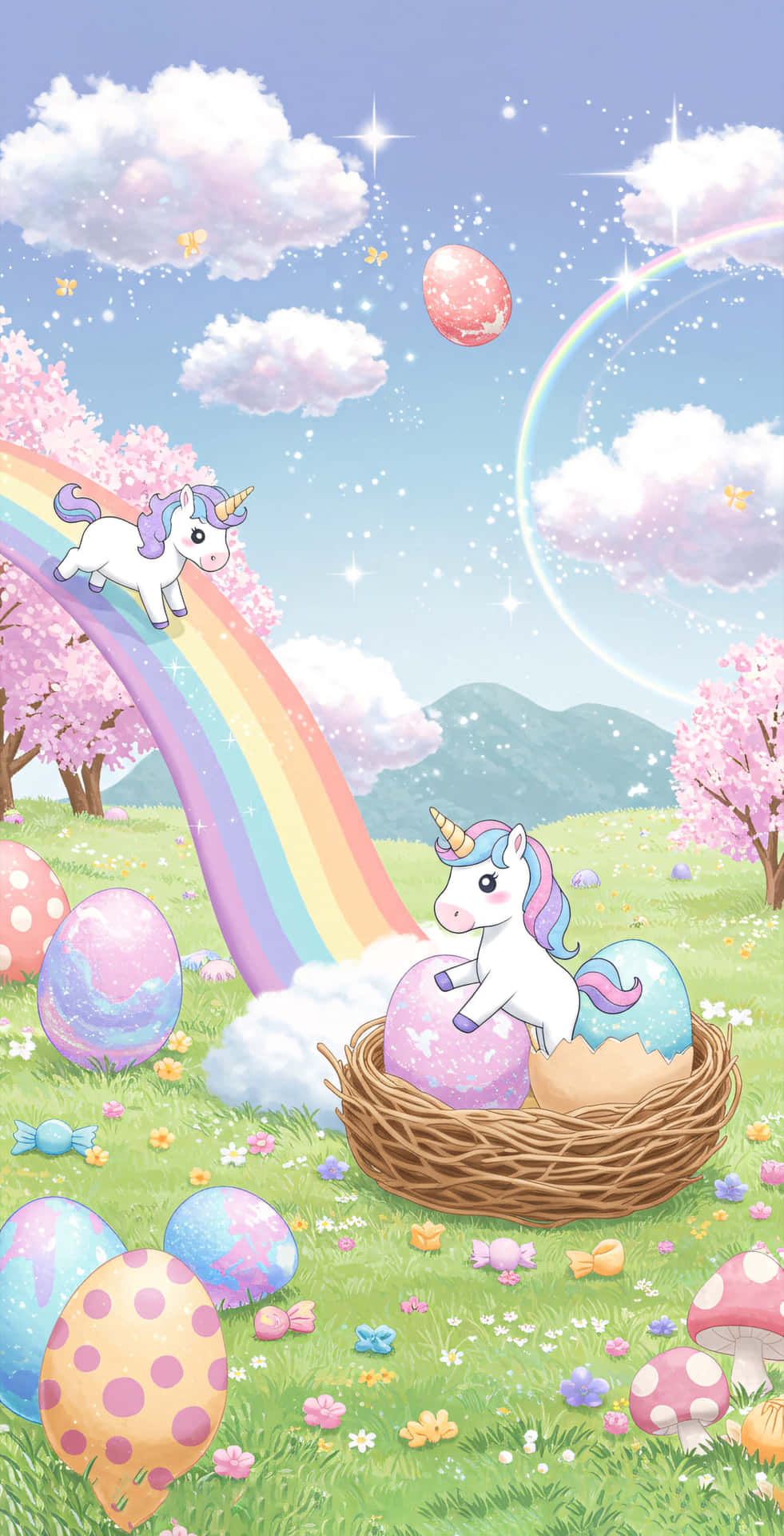Unicorns With Sparkling Manes Slide Into Egg Nests In A Rainbow-filled Candy Cloud Meadow Wallpaper