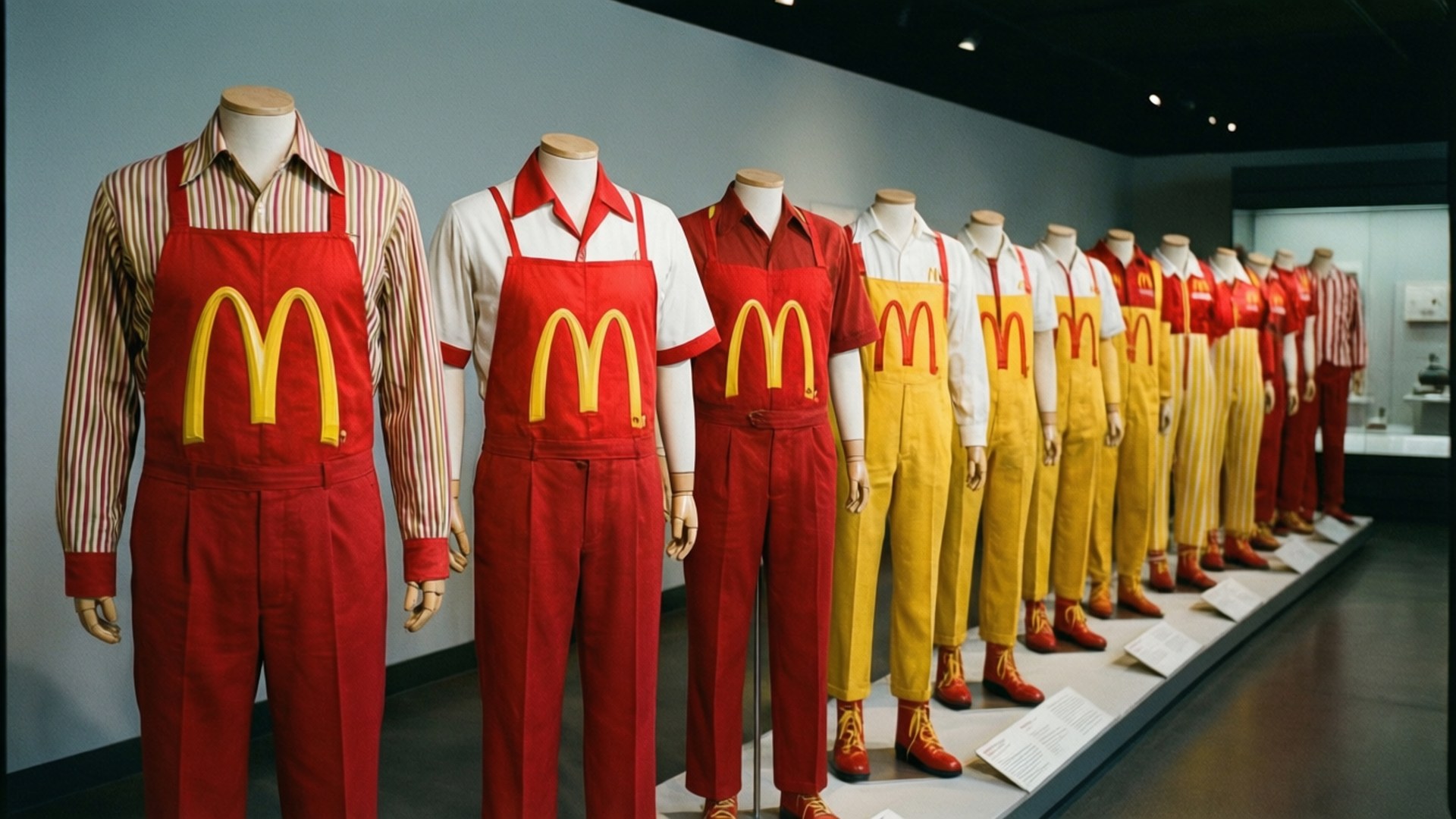 Uma exibição de uniformes do McDonald's de diferentes décadas mostrando evolução