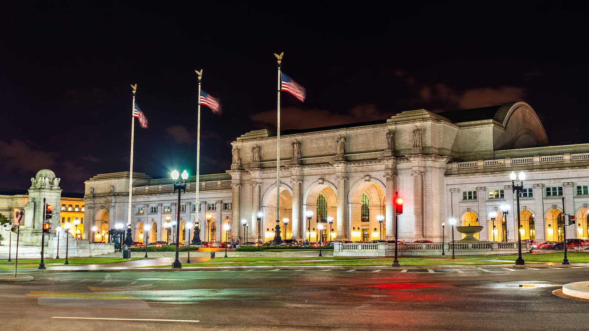 Union Station With American Flags Background
