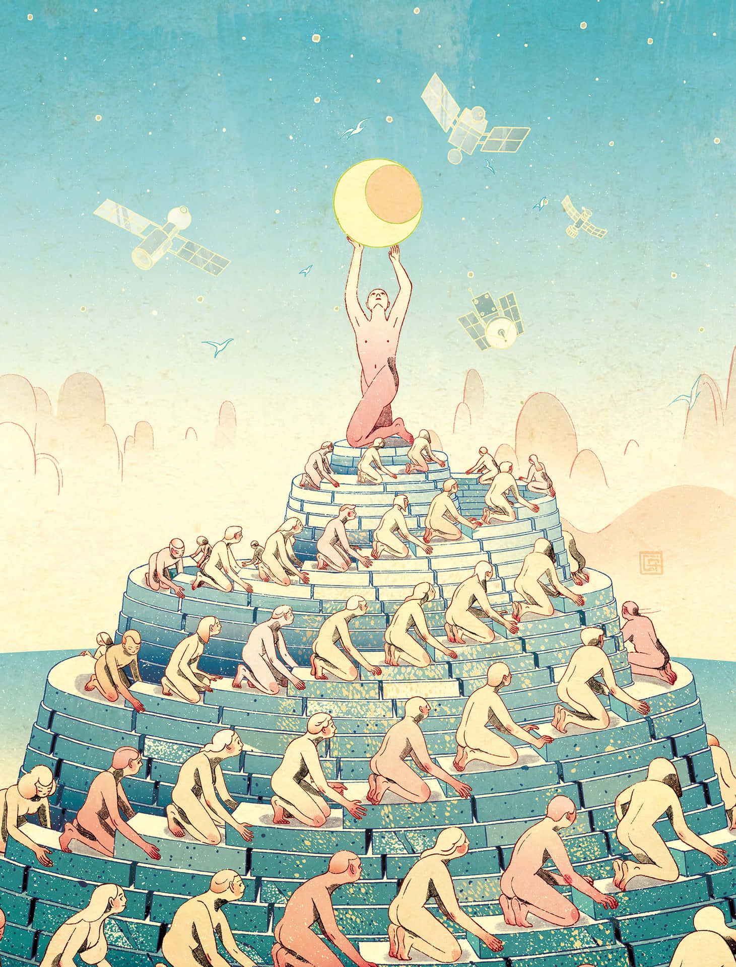 Entecknad Illustration Av En Pyramid Med Människor På Toppen