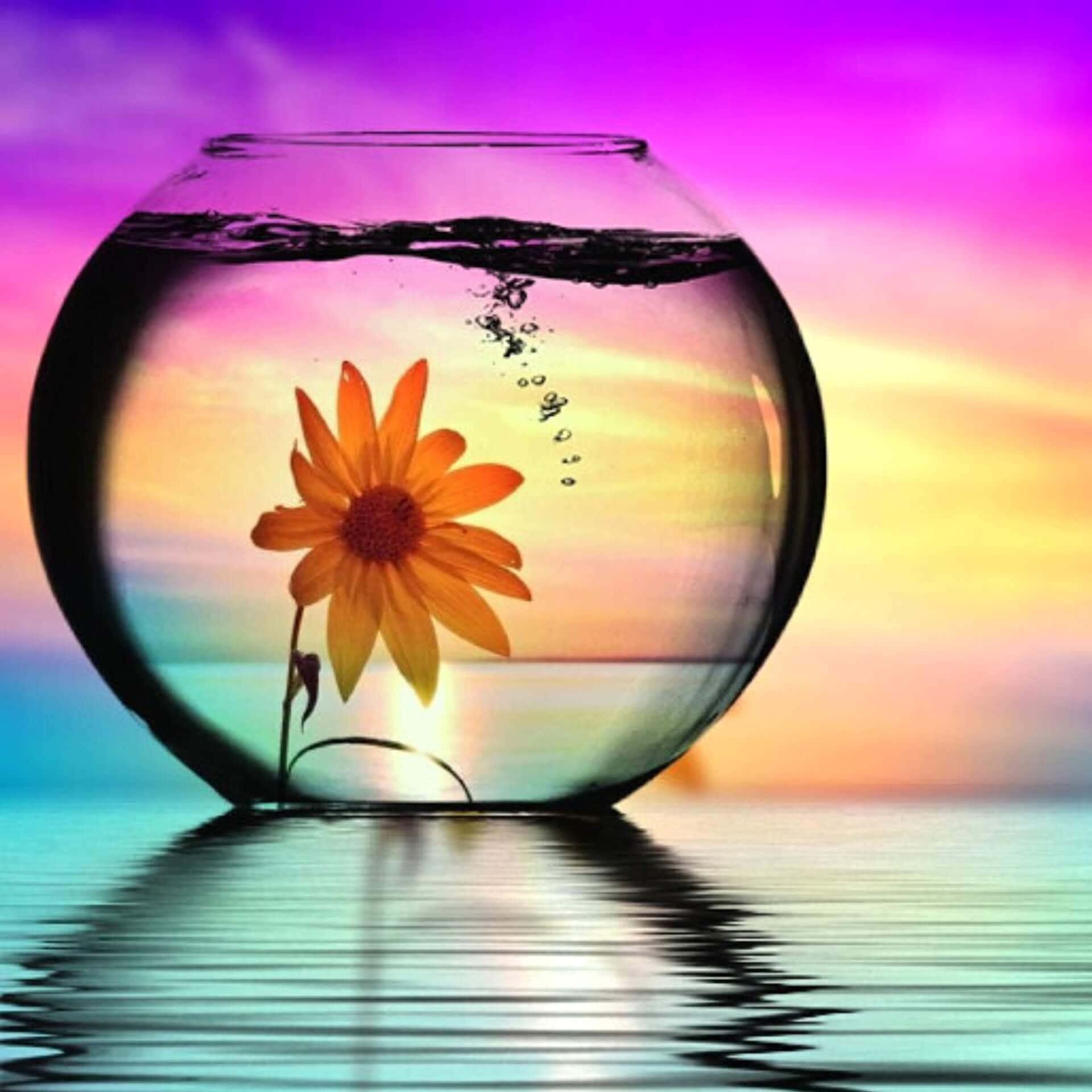 A Fish Bowl With A Flower Inside It