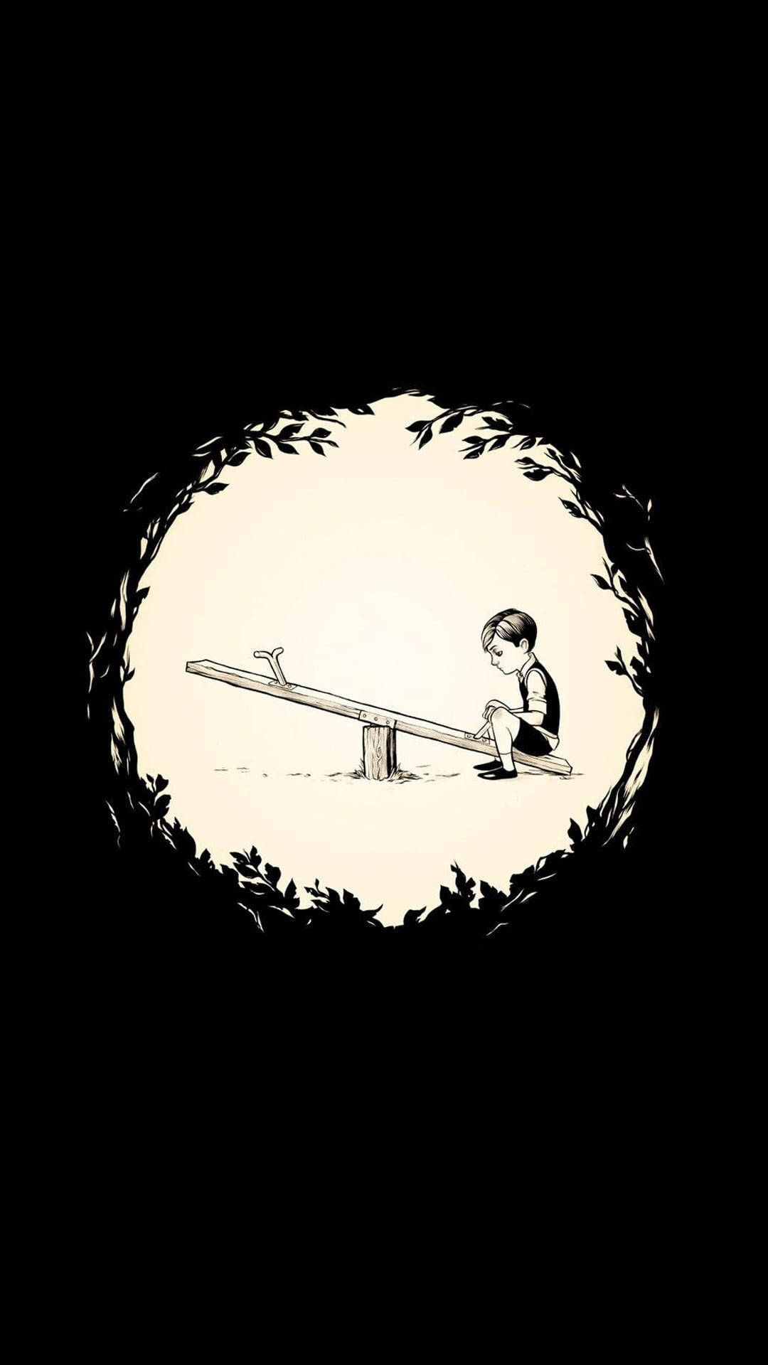 Arteúnico De Un Triste Dibujo Animado De Un Niño En Un Columpio. Fondo de pantalla
