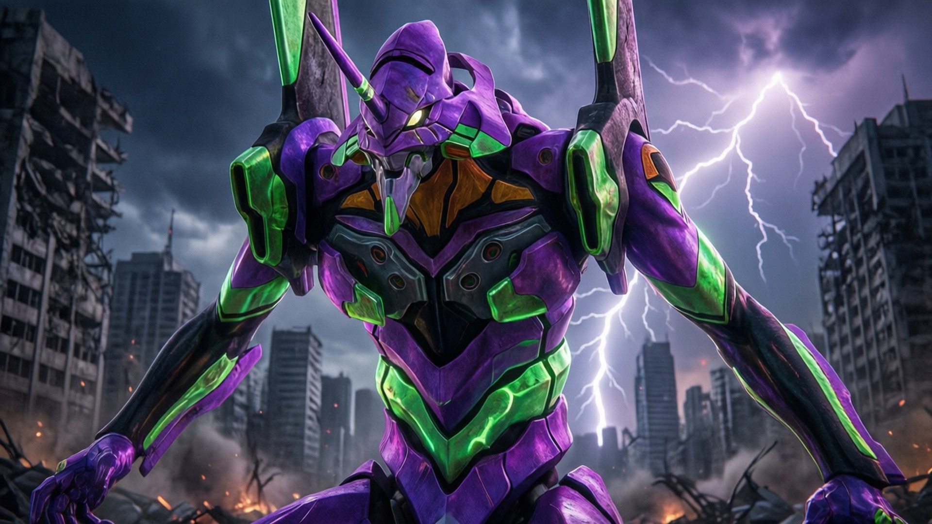 Evangelion Unit-01 se dresse fièrement parmi les ruines, rayonnant de puissance.
