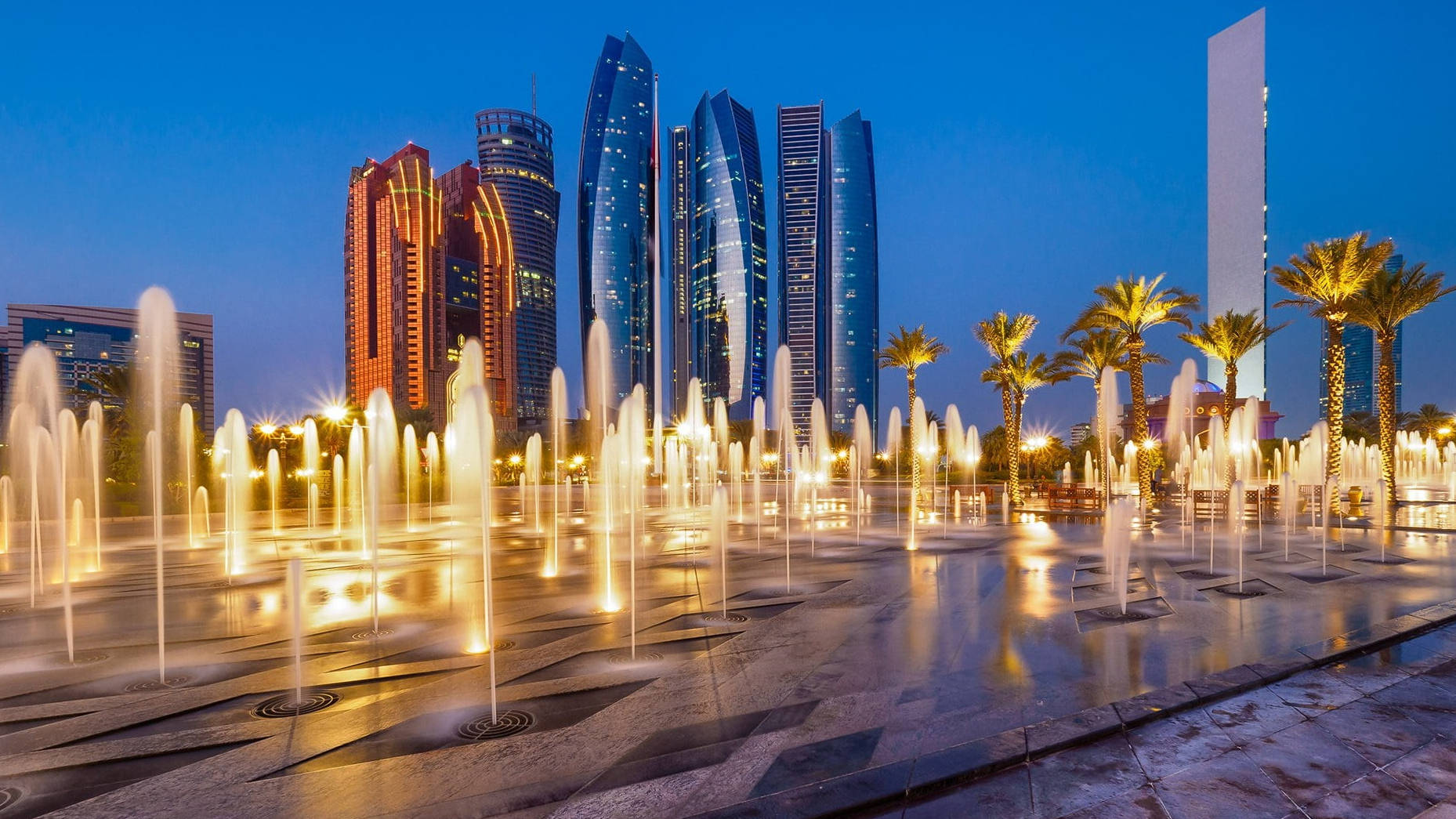 United Arab Emirates Etihad Towers Fountains Background