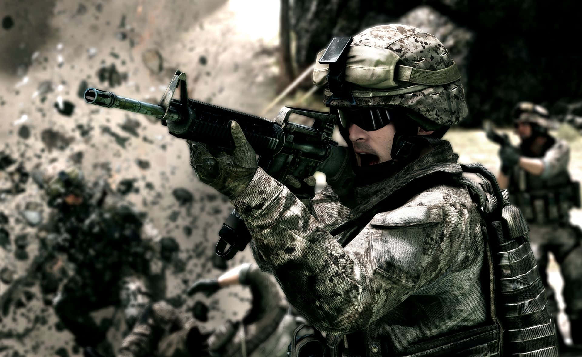 En soldat skyder et gevær på et slagmark. Wallpaper