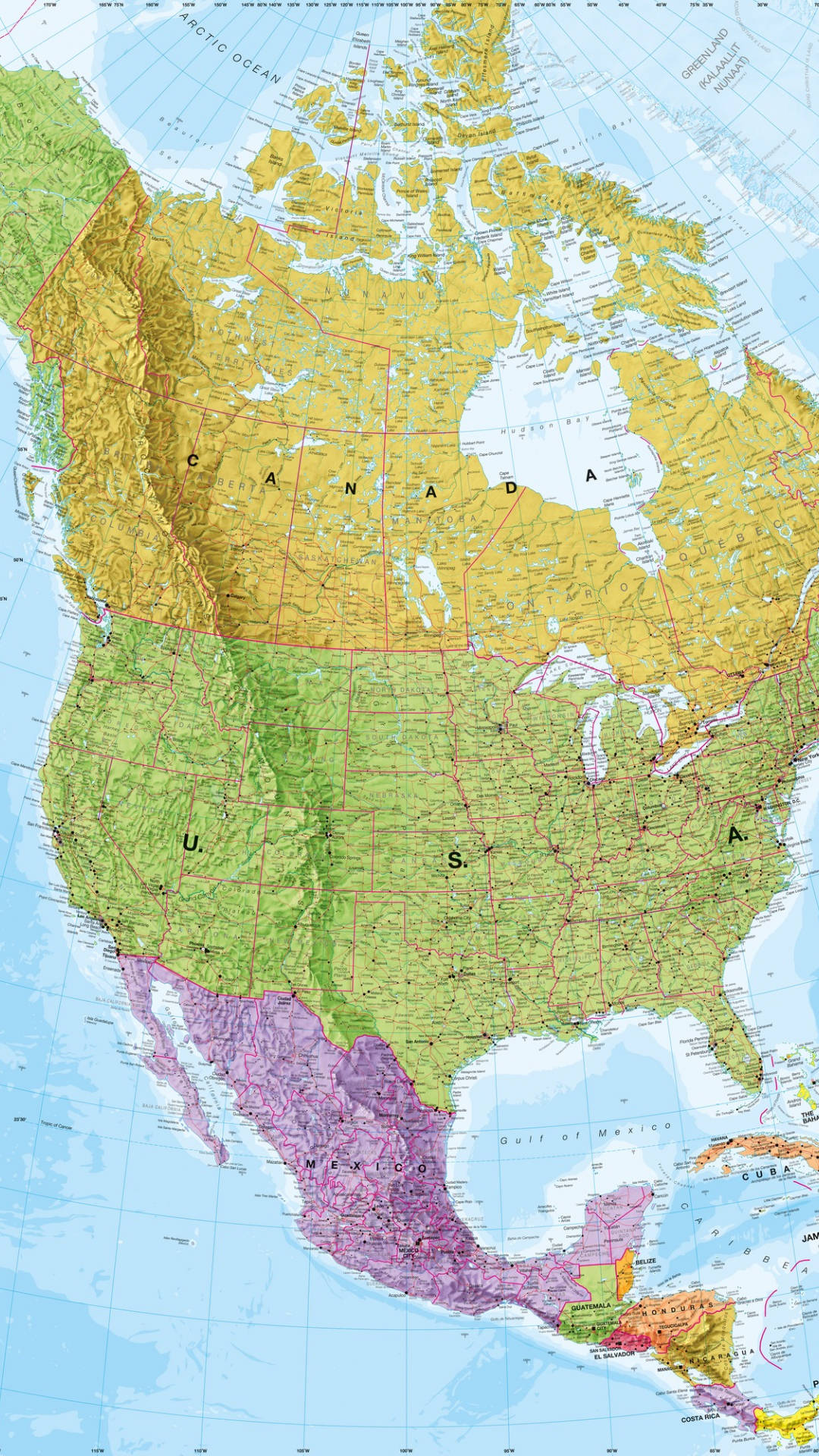 Einekarte Von Nordamerika Mit Den Hauptstädten Und Größeren Städten. Wallpaper