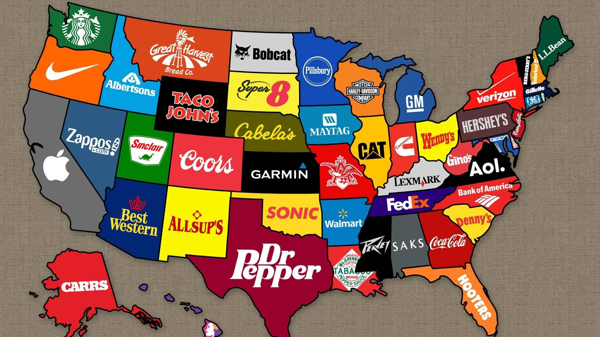 Et kort over De Forenede Stater med mange forskellige mærker Wallpaper