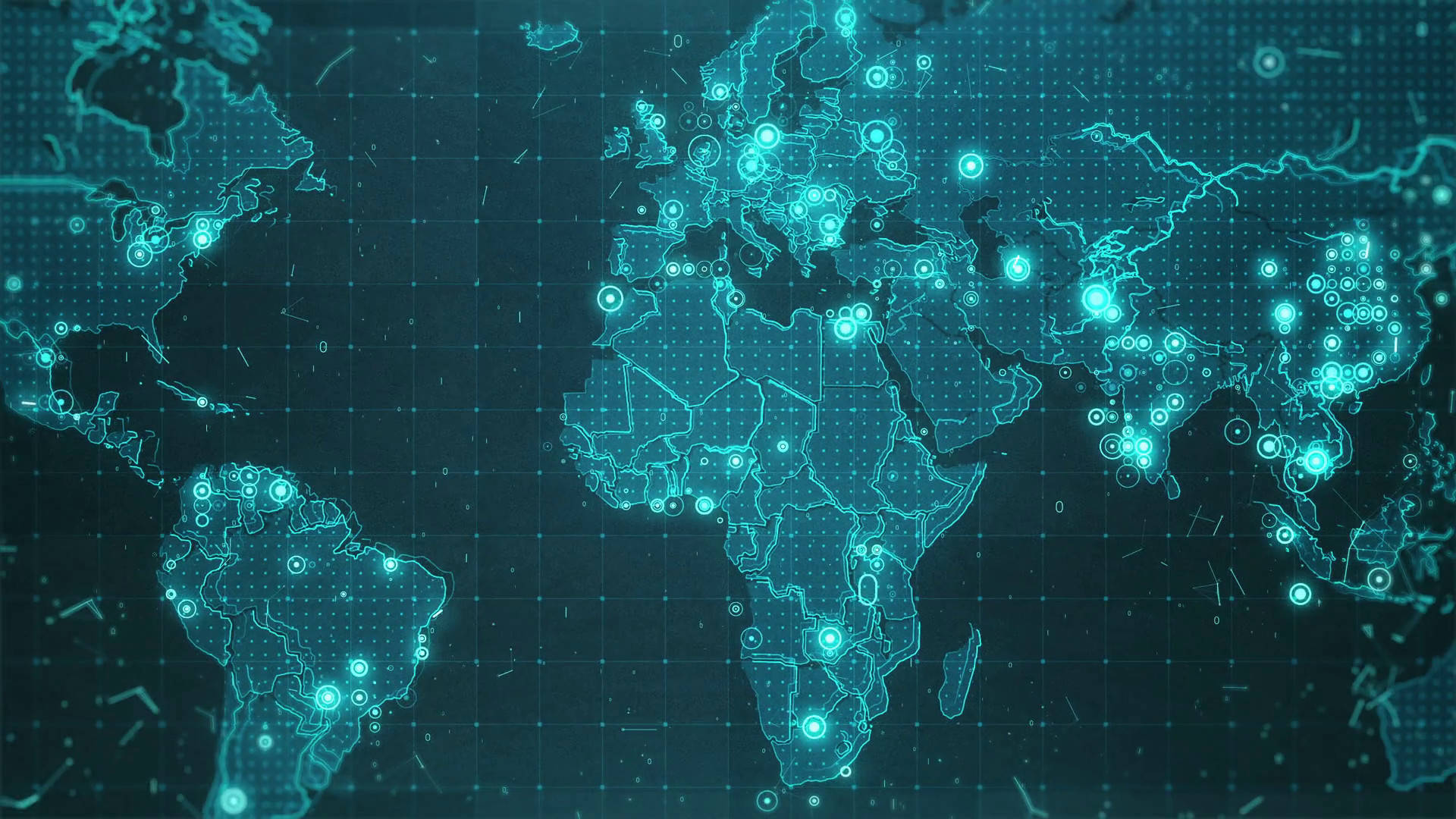 Et verdenskort med blå lys og grønne prikker Wallpaper