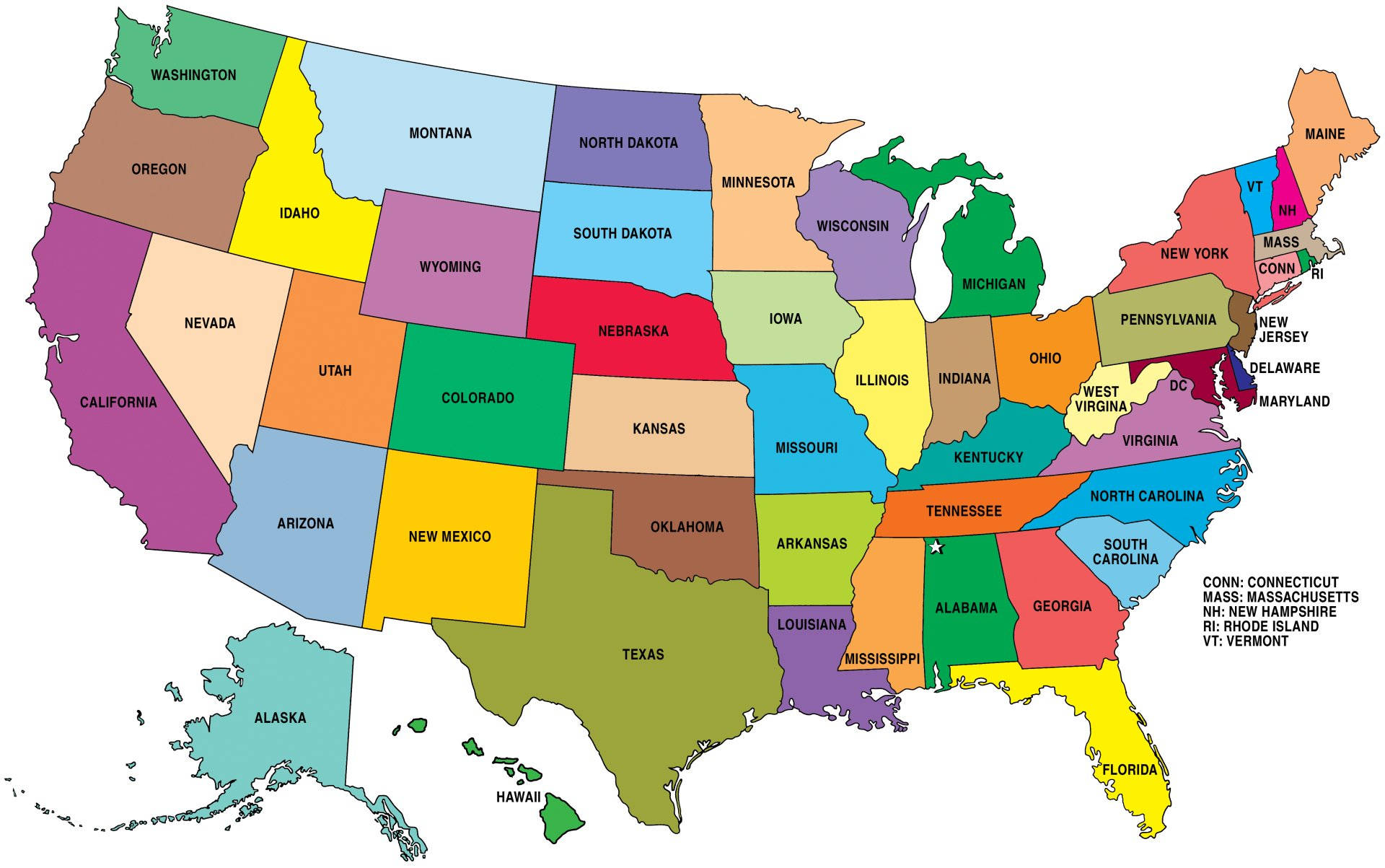 En kort af de Forenede Stater med stater og byer mærket Wallpaper