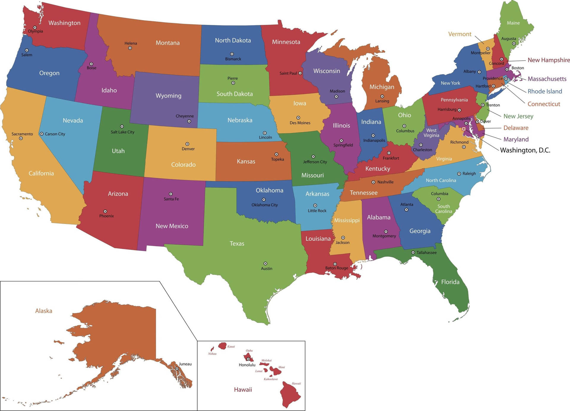 En kort over De Forenede Stater med stater og byer Wallpaper