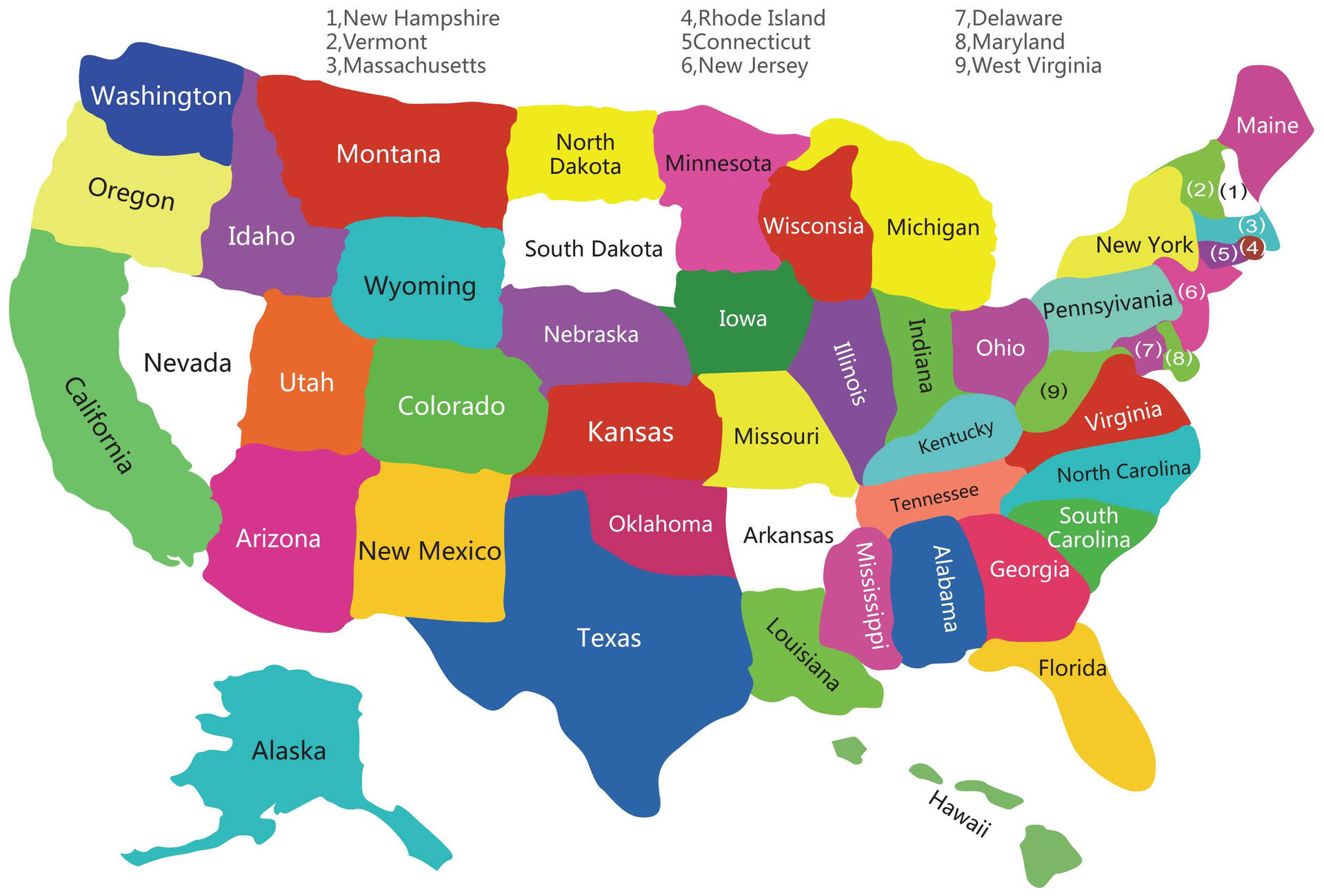 En kort med alle staterne i USA tegnet med lyse farver. Wallpaper