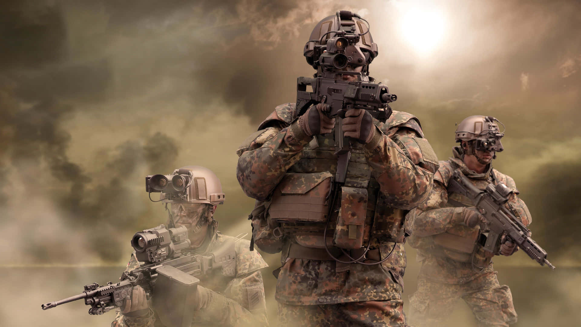 Einegruppe Von Soldaten Mit Gewehren Im Hintergrund Wallpaper