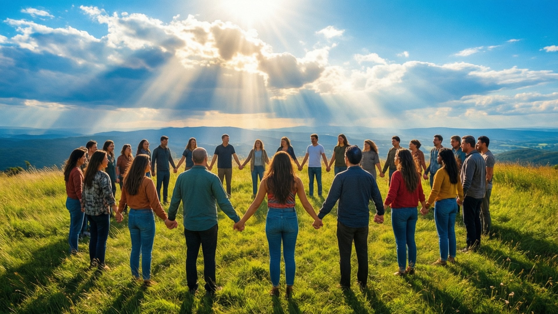 Diverse group holding hands in a circle on a sunny hill.