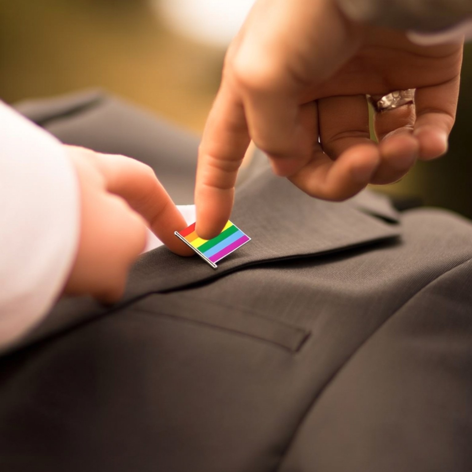 A hand pins a rainbow flag pin to a dark suit jacket worn by a wedding partner.