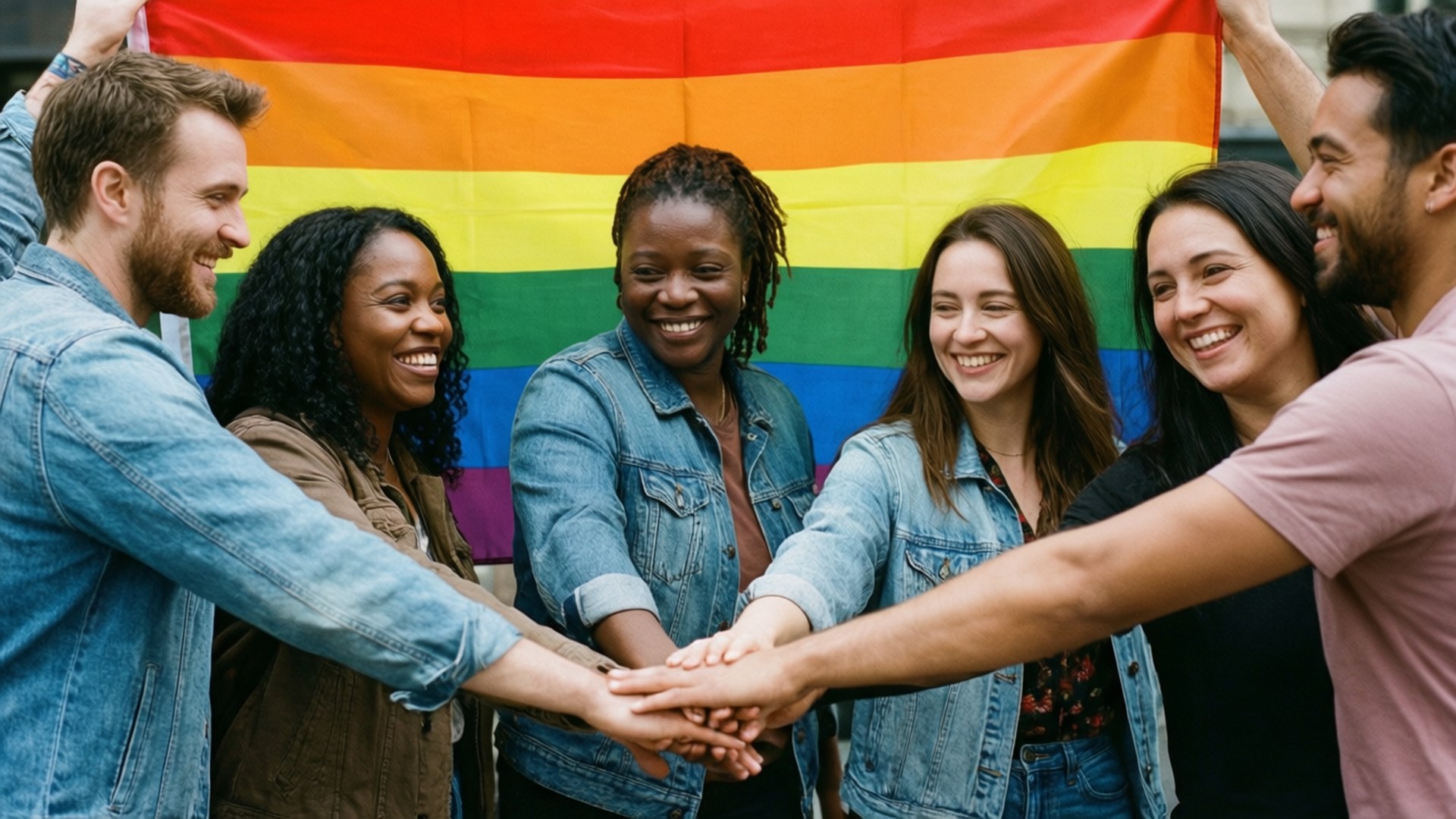 Six diverse people smiling and holding hands under a rainbow flag.