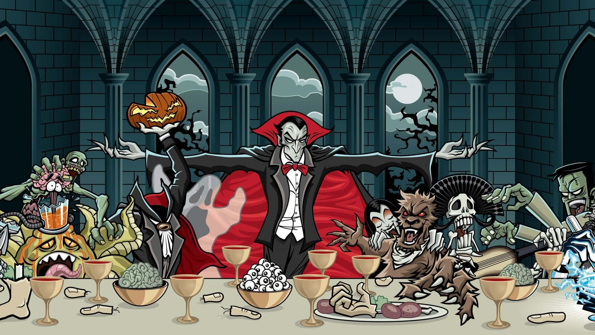 Entegneserie Af En Halloween Middagsbord Med Mange Karakterer. Wallpaper