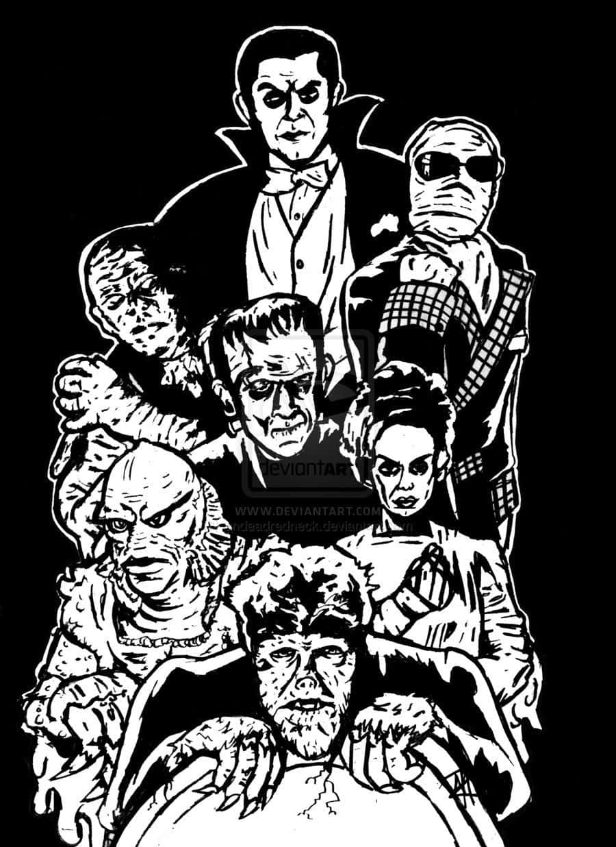 Dibujosanimados En Blanco Y Negro De Los Personajes De Los Monstruos Universales Fondo de pantalla