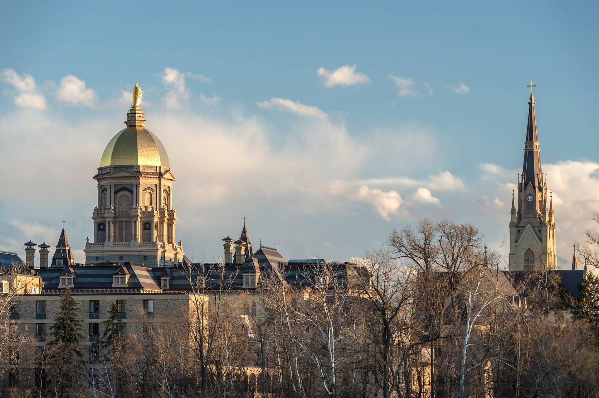 University Of Notre Dame With Leafless Trees Wallpaper