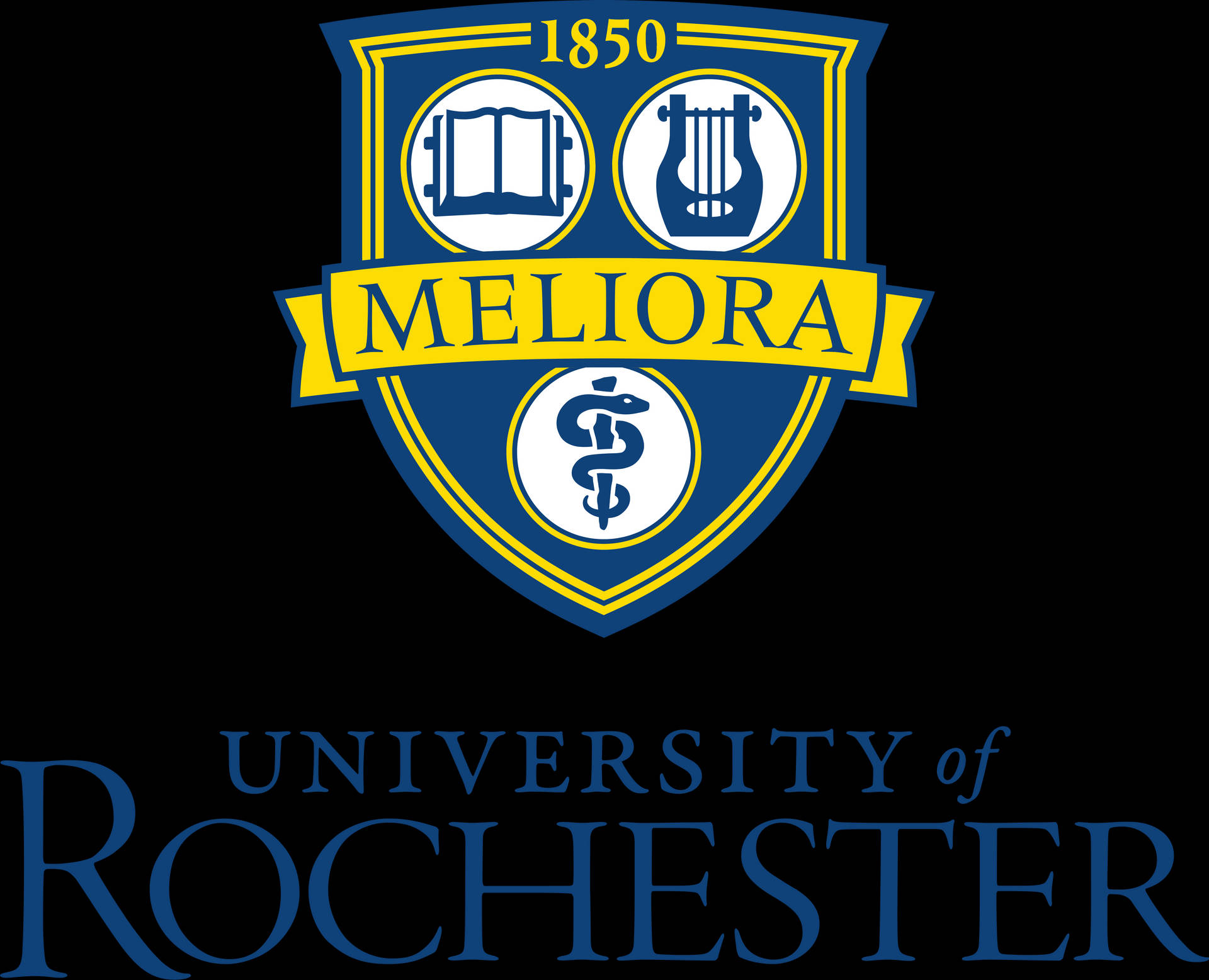 Universitetet af Rochester logo illustration på blå baggrund. Wallpaper