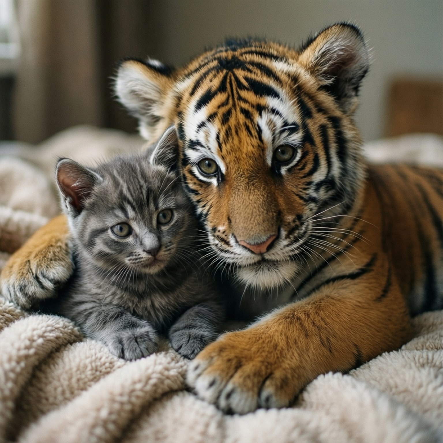 Unlikely Cuddle Wallpaper — A tiny gray tabby kitten snuggles against a young tiger cub on a soft beige blanket.