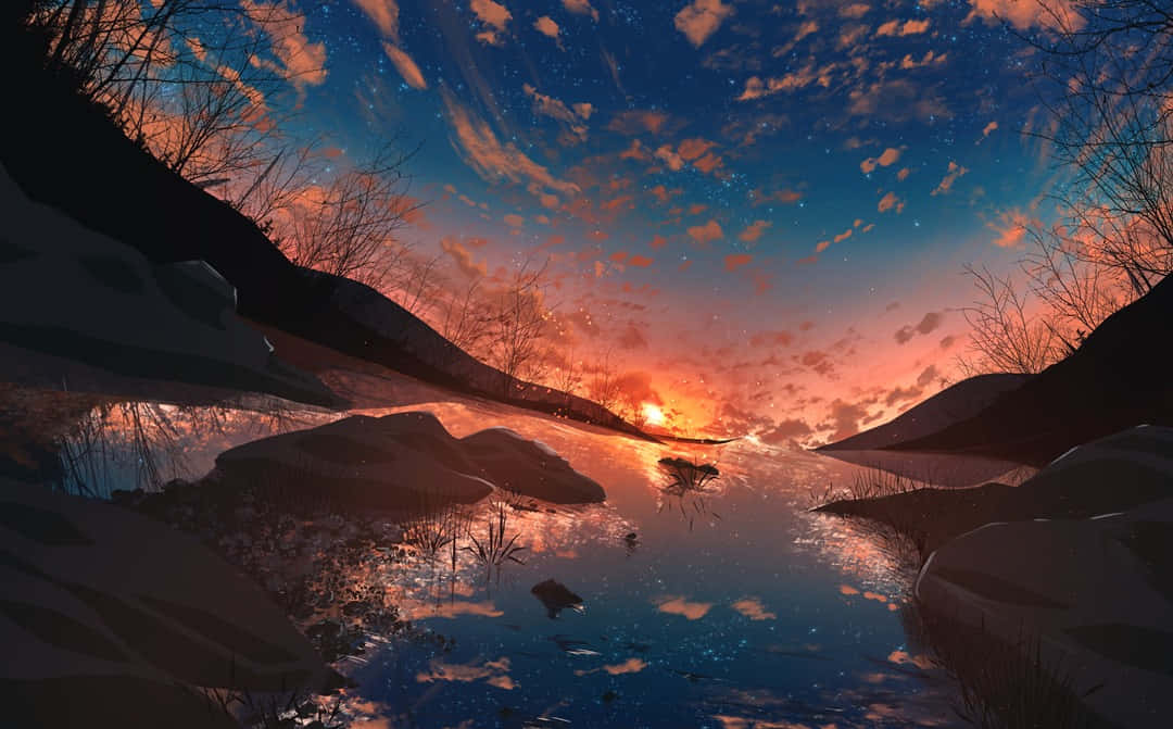 Unosplendido Paesaggio Di Tramonto Anime Che Presenta Una Natura Rigogliosa E Colori Caldi.
