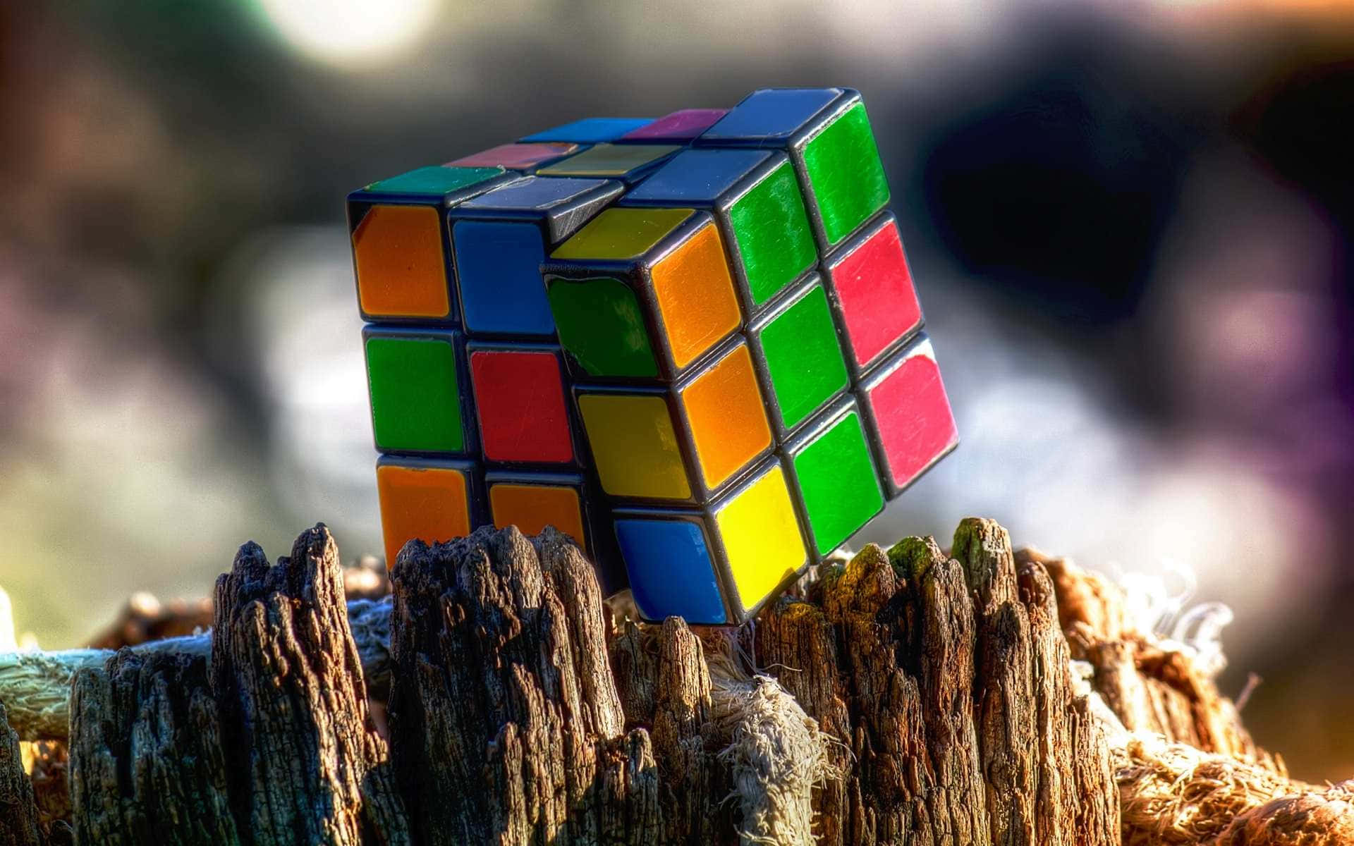 Unsolved Rubiks Cubeon Wooden Stump Wallpaper